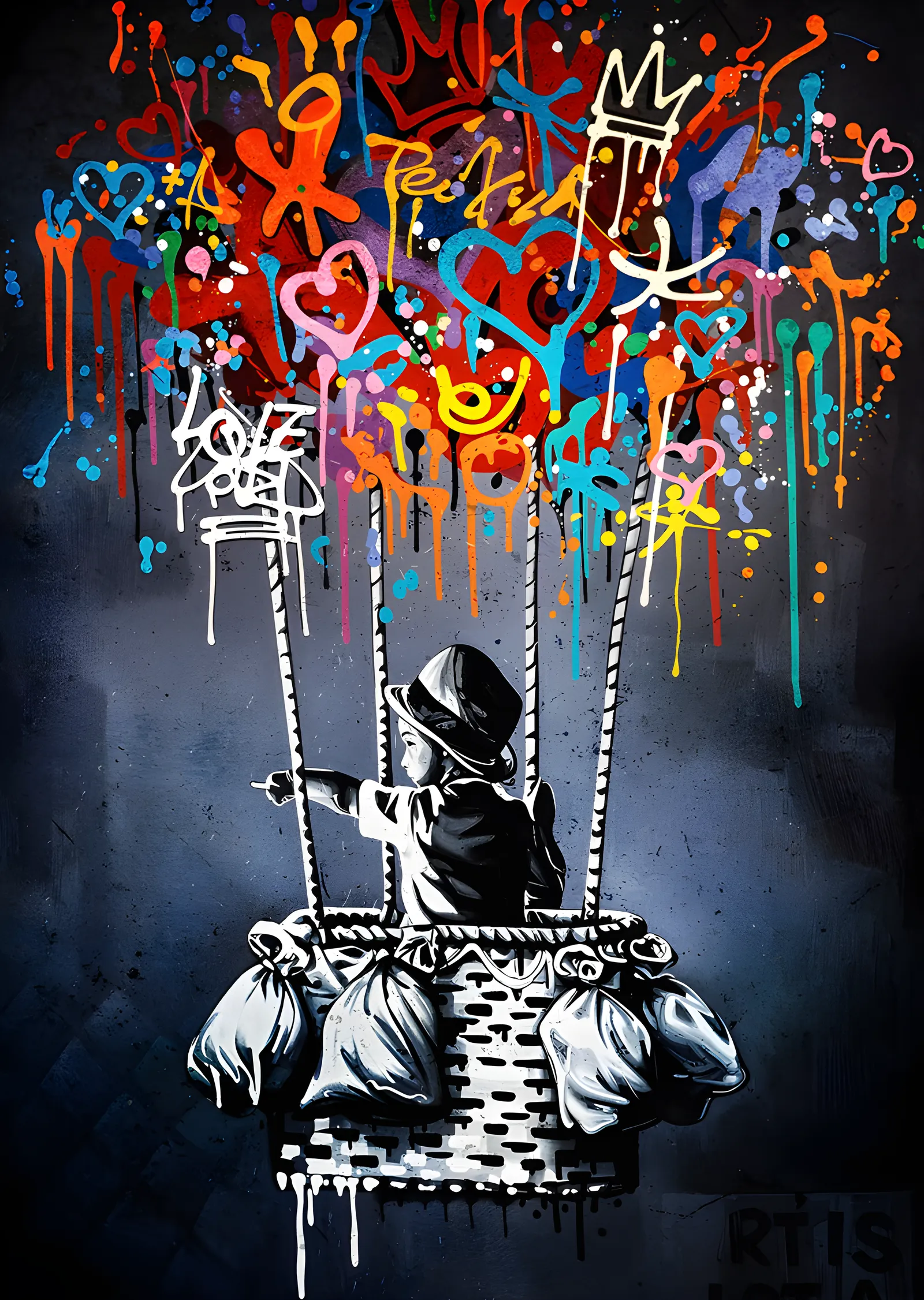 Salıncakta Çocuk: Grafiti metal tablo