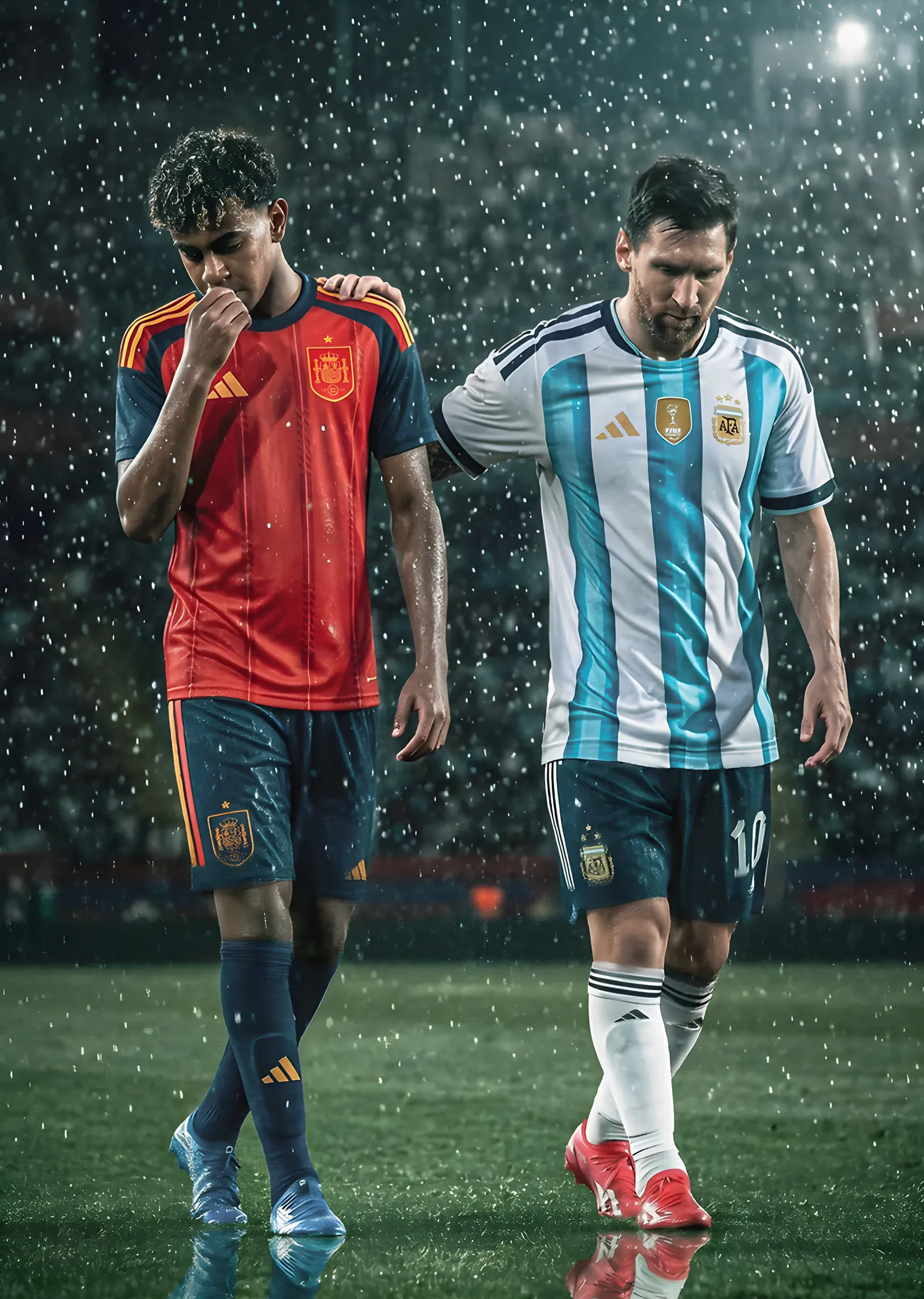 Lamine Yamal ve Lionel Messi: Yağmur metal tablo