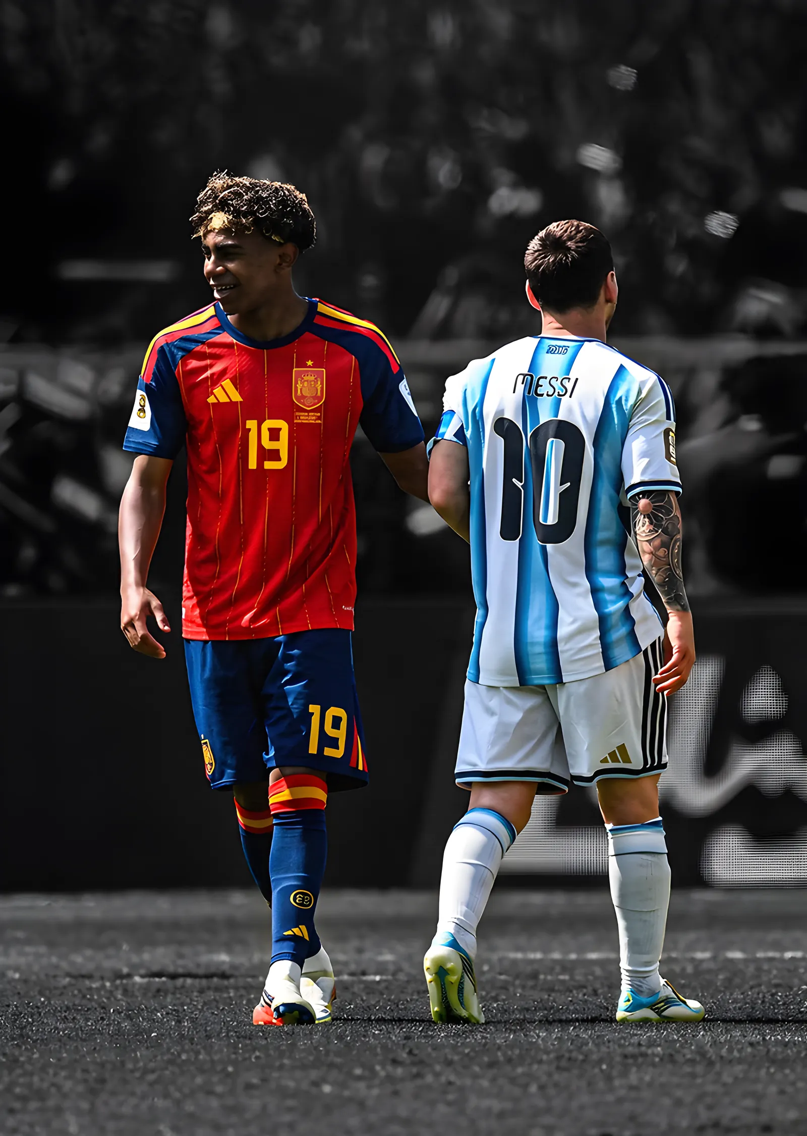 Lamine Yamal ve Lionel Messi: Saha Ortasında metal tablo