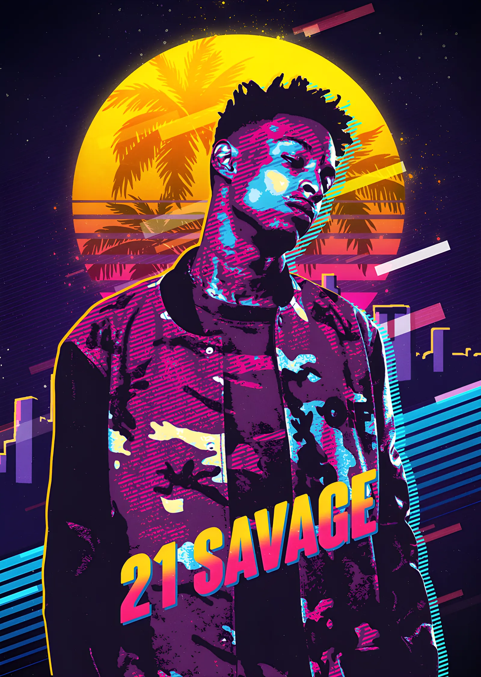 21 Savage: Neon Palmiye Silueti metal tablo