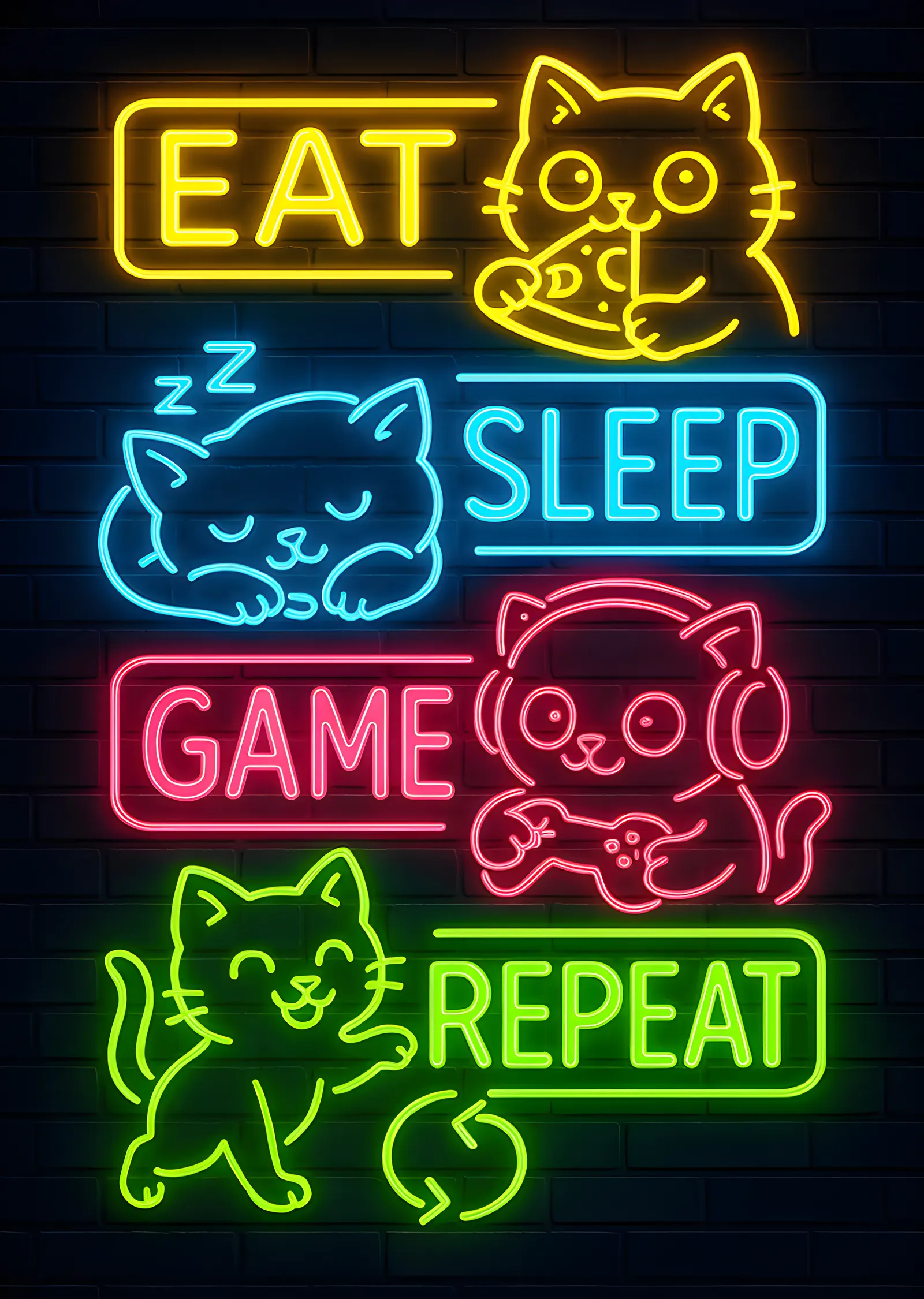 Eat Sleep Game Repeat - Neon Kediler metal tablo