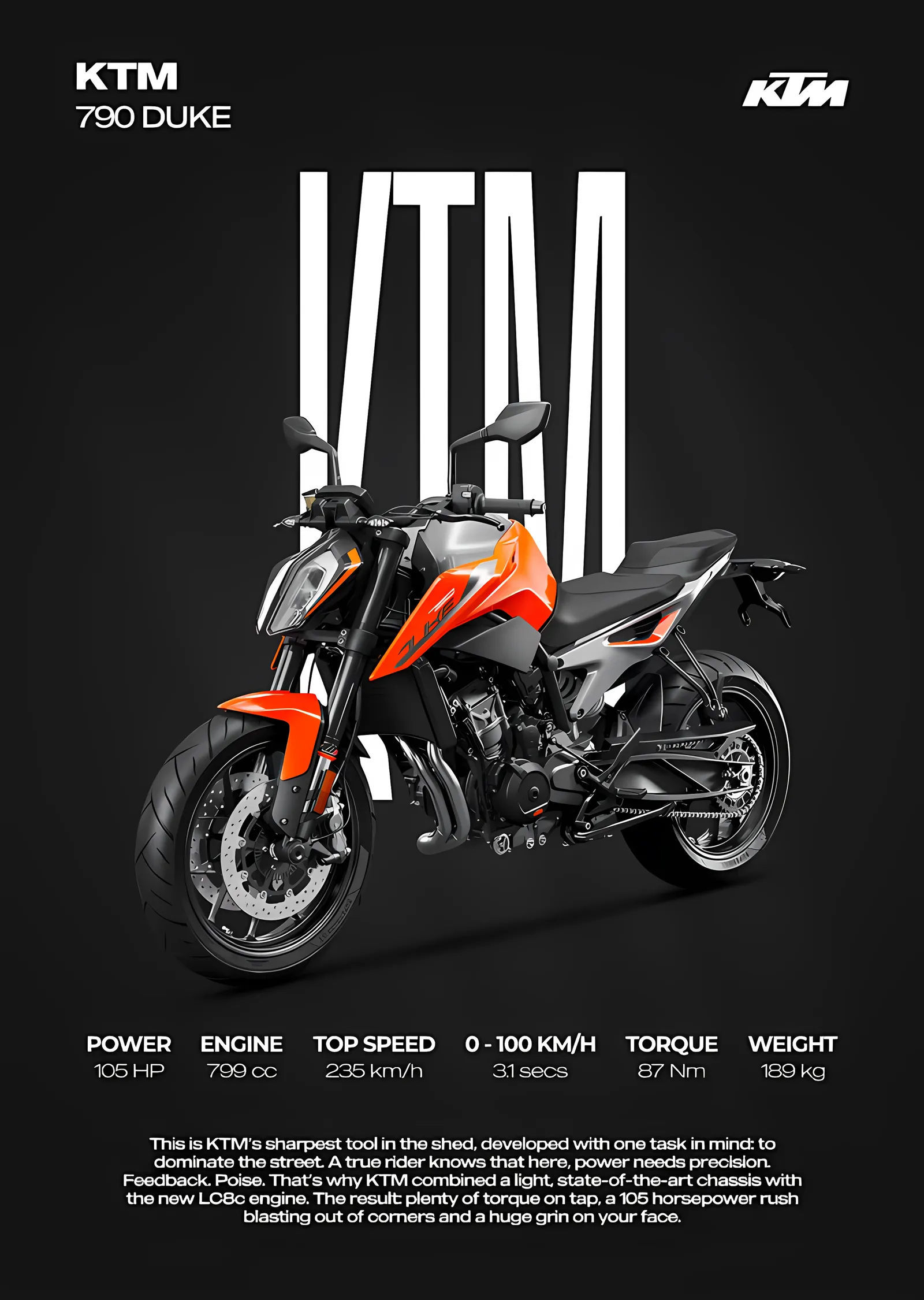 KTM 790 Duke - Siyah Zemin metal tablo