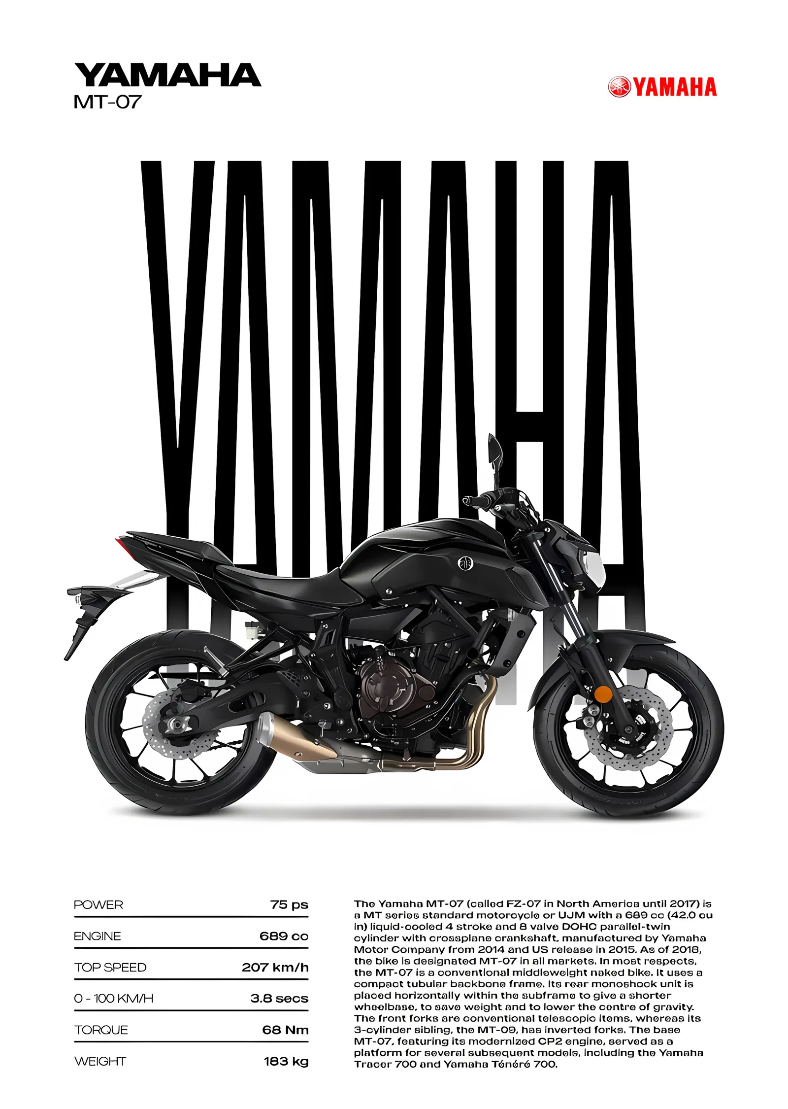 Yamaha MT-07 - Beyaz Zemin metal tablo