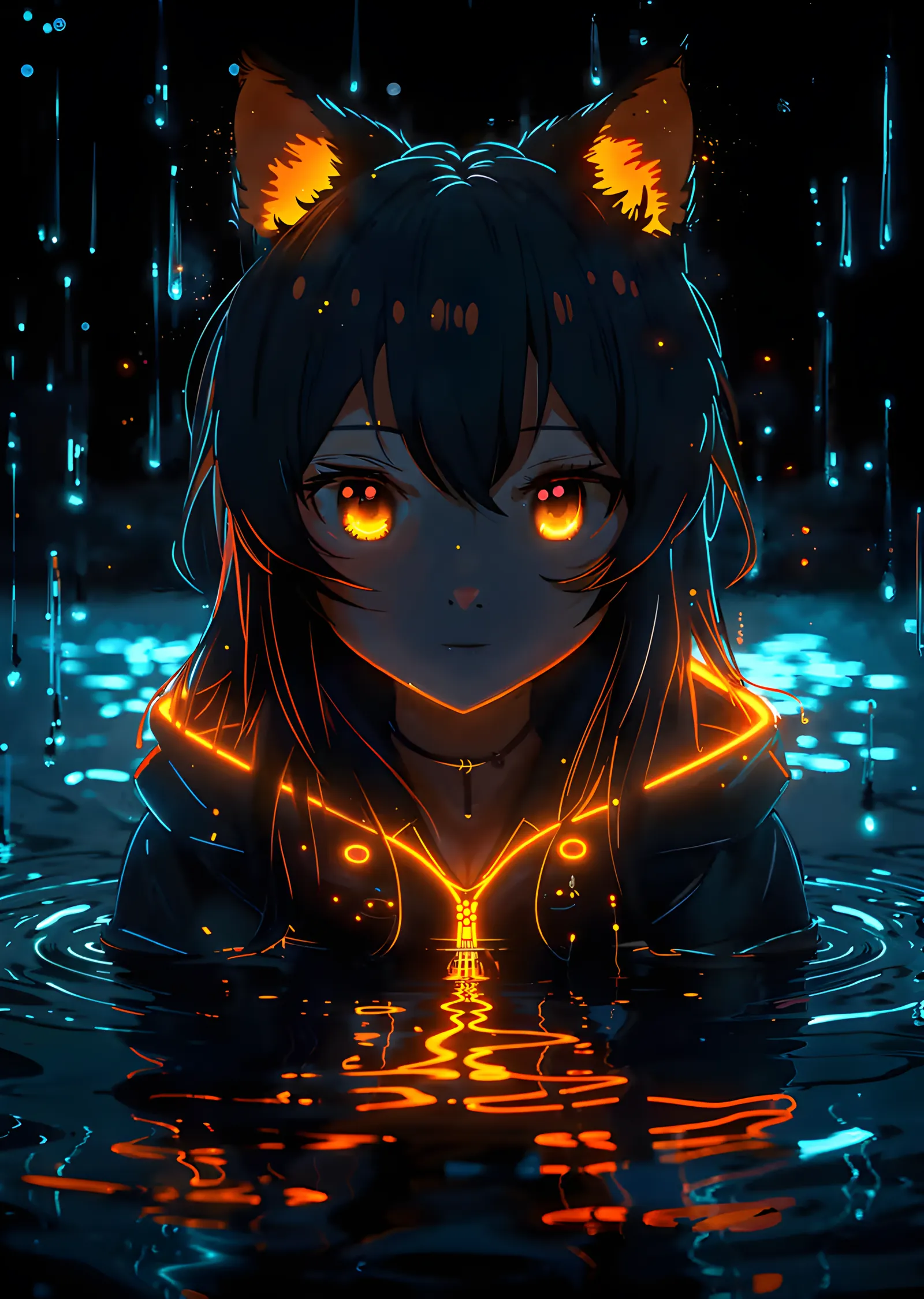 Neon Kedi Kız metal tablo