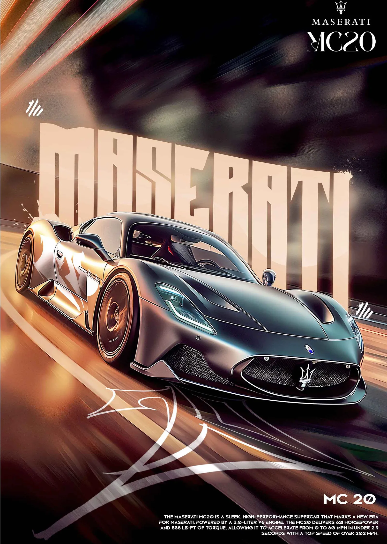 Maserati MC20: Altın Tonlu Hareket metal tablo