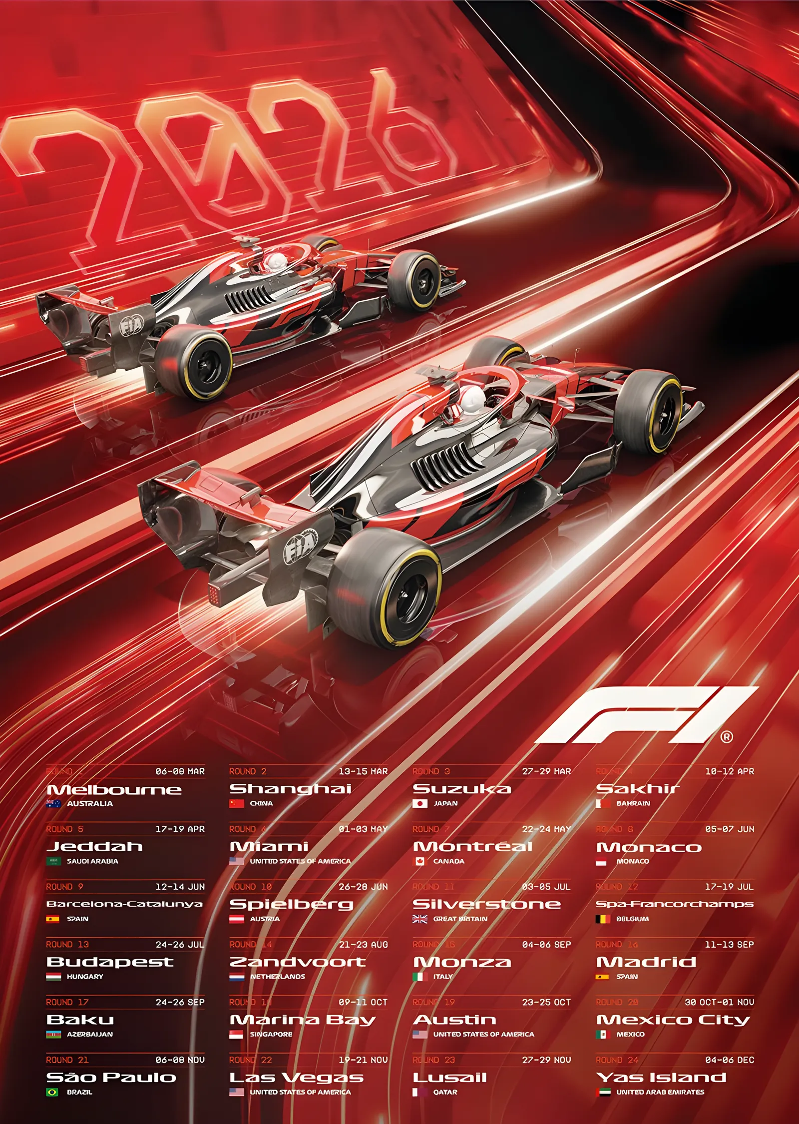 F1 · Takvim · 2026 metal tablo