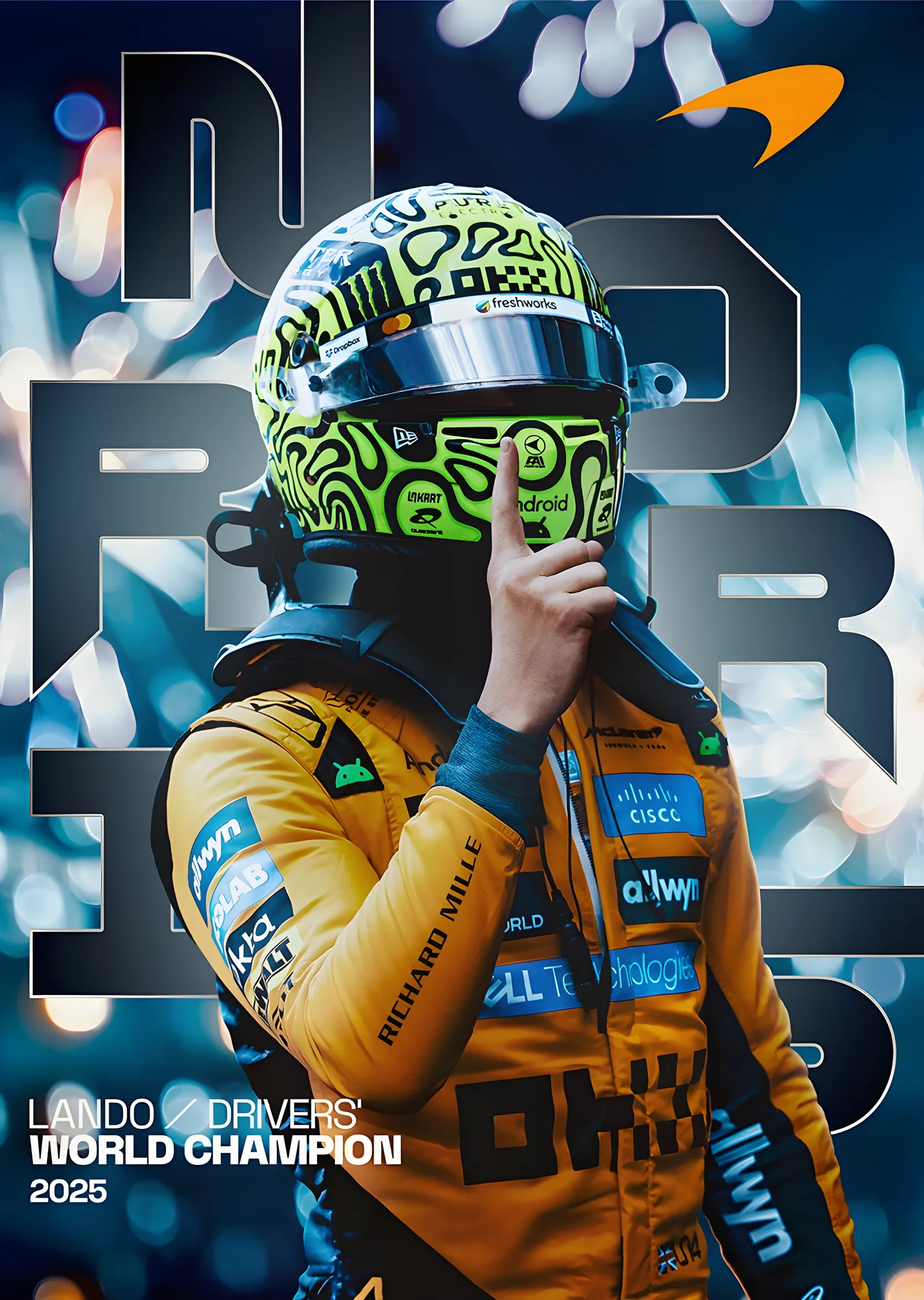 McLaren F1 · Lando Norris · Drivers' Dünya Şampiyonu 2025 metal tablo