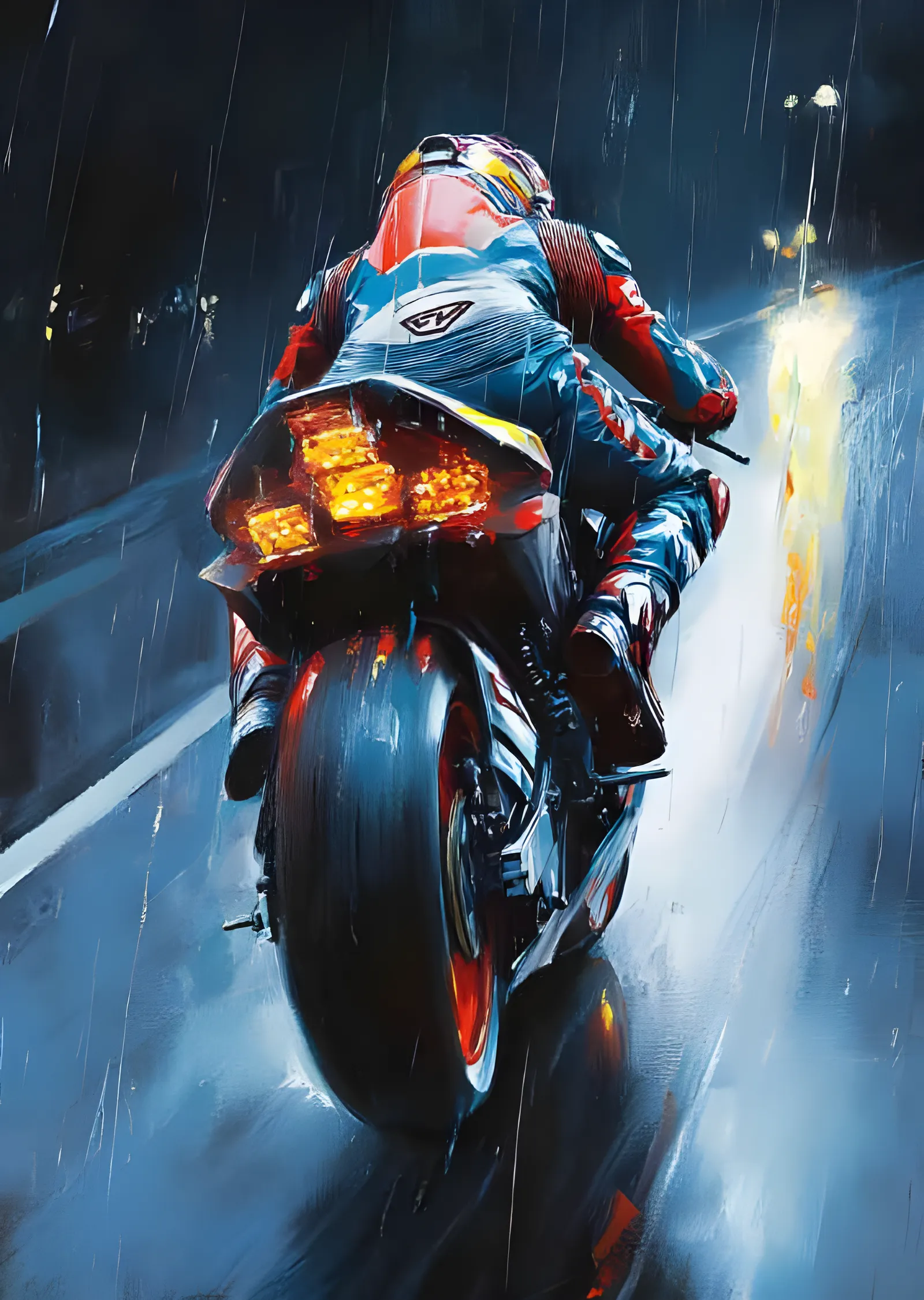 Yağmurda Yarış Motosikleti metal tablo