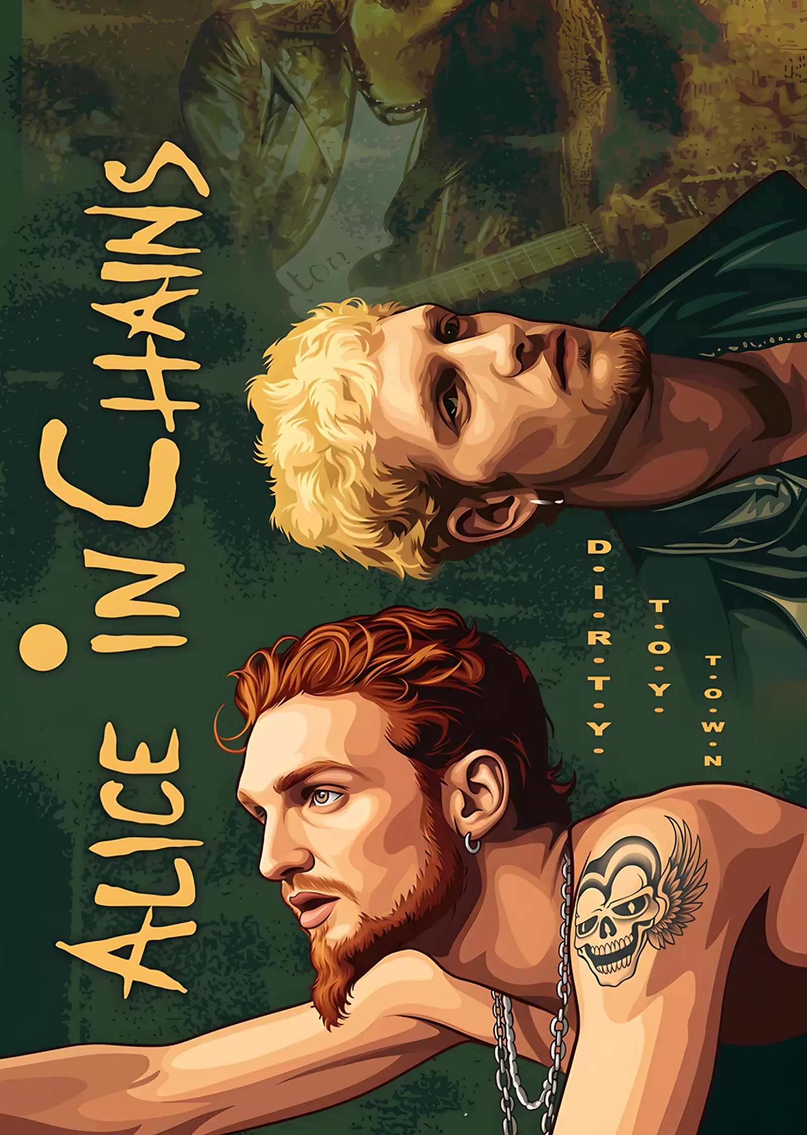 Alice in Chains: Yeşil Zeminde İki Portre metal tablo