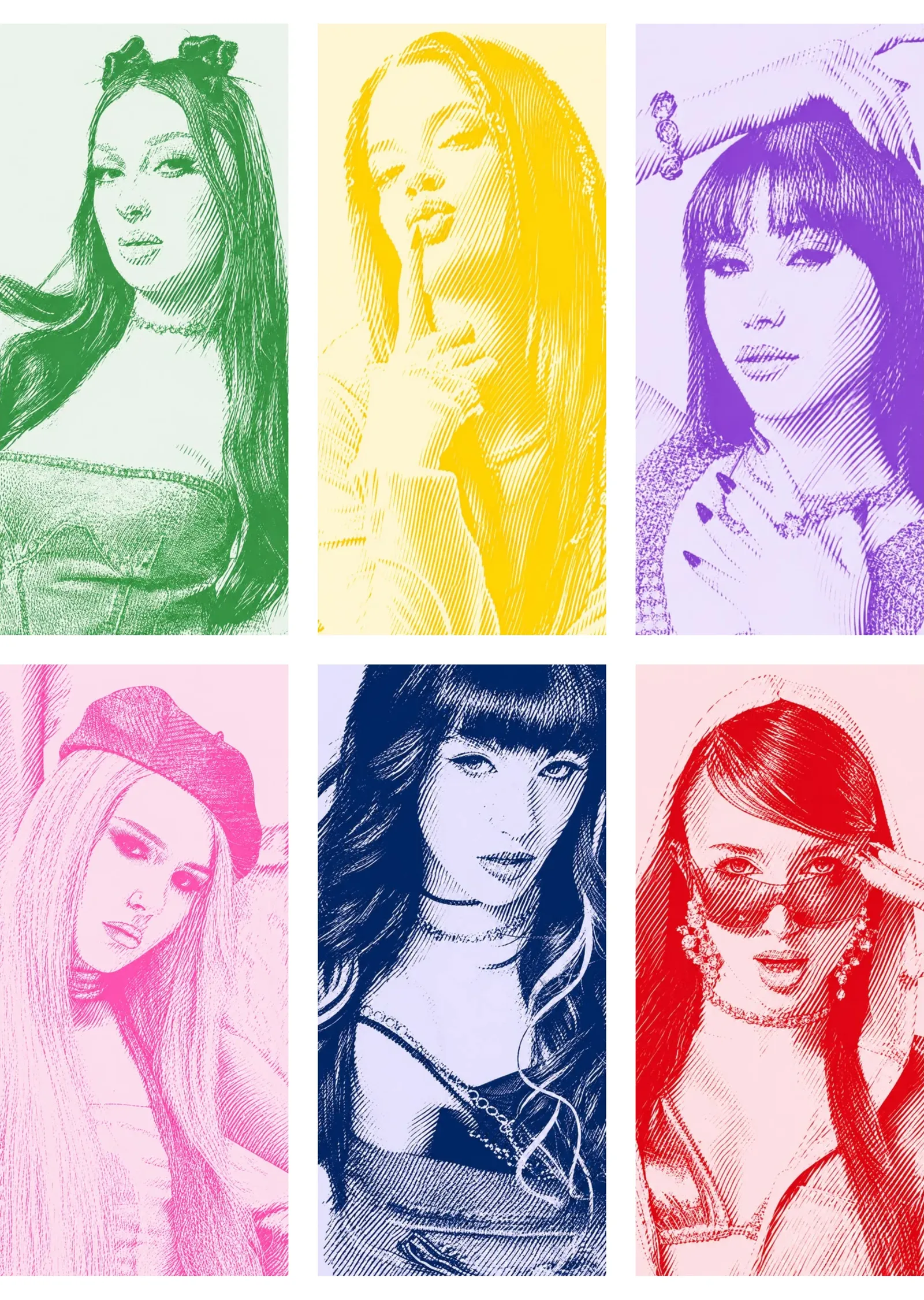 Altı Renkli Karede Pop Art Portre Izgarası metal tablo