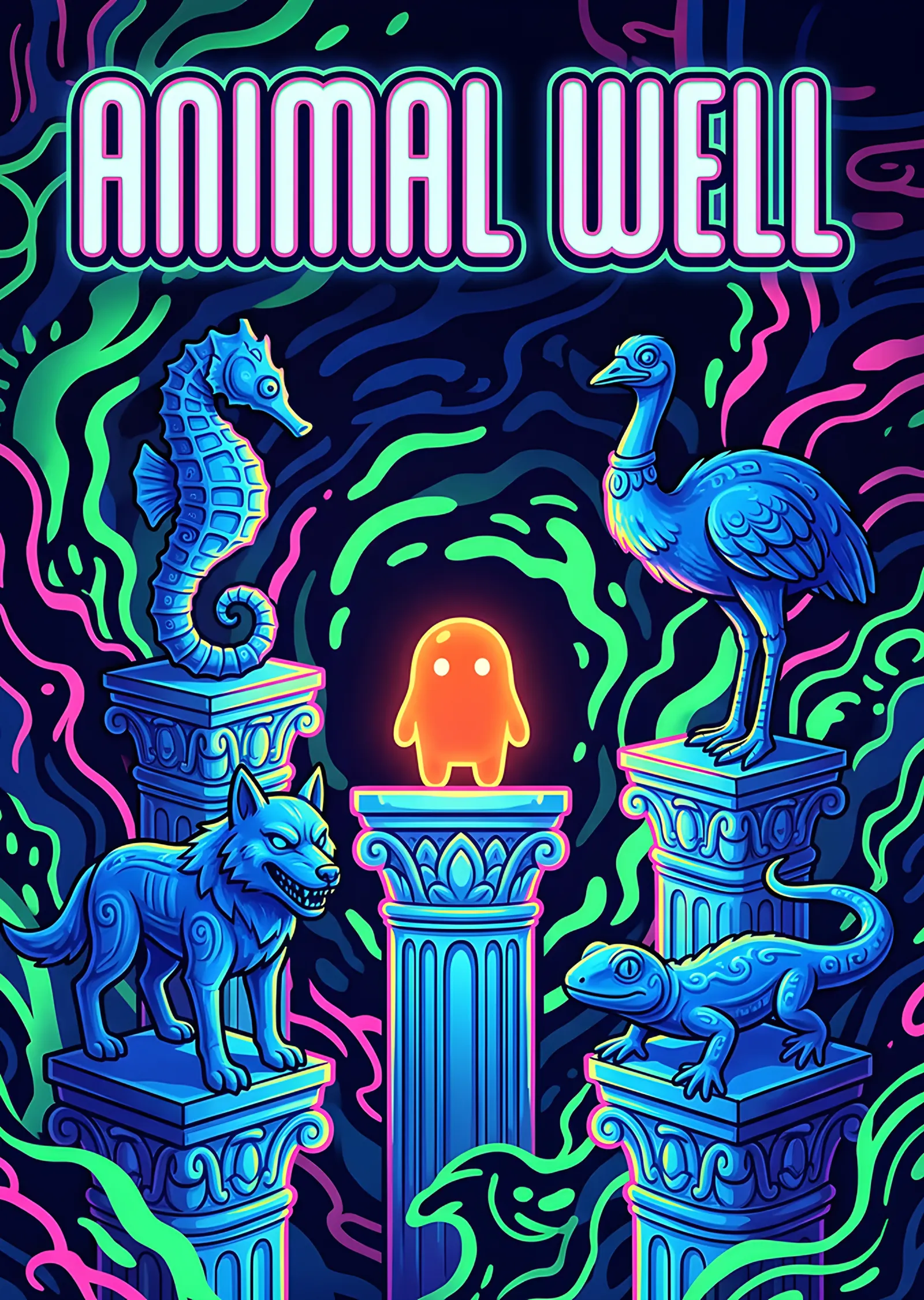 Animal Well: Neon Sütunlarda Hayvan Heykelleri metal tablo
