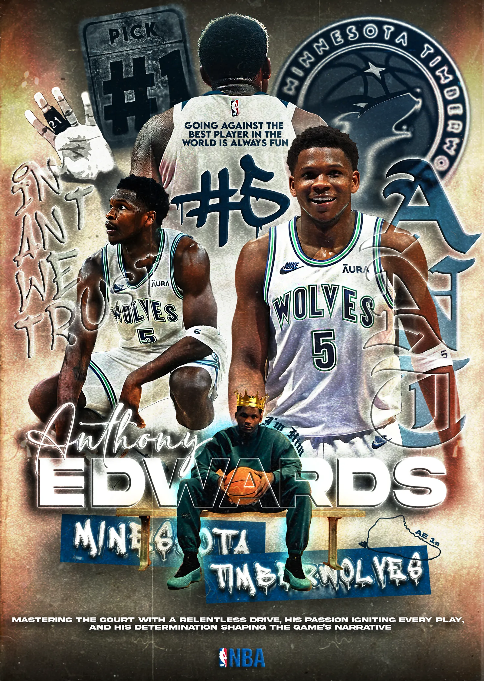 Anthony Edwards: Minnesota Timberwolves Kolajı metal tablo
