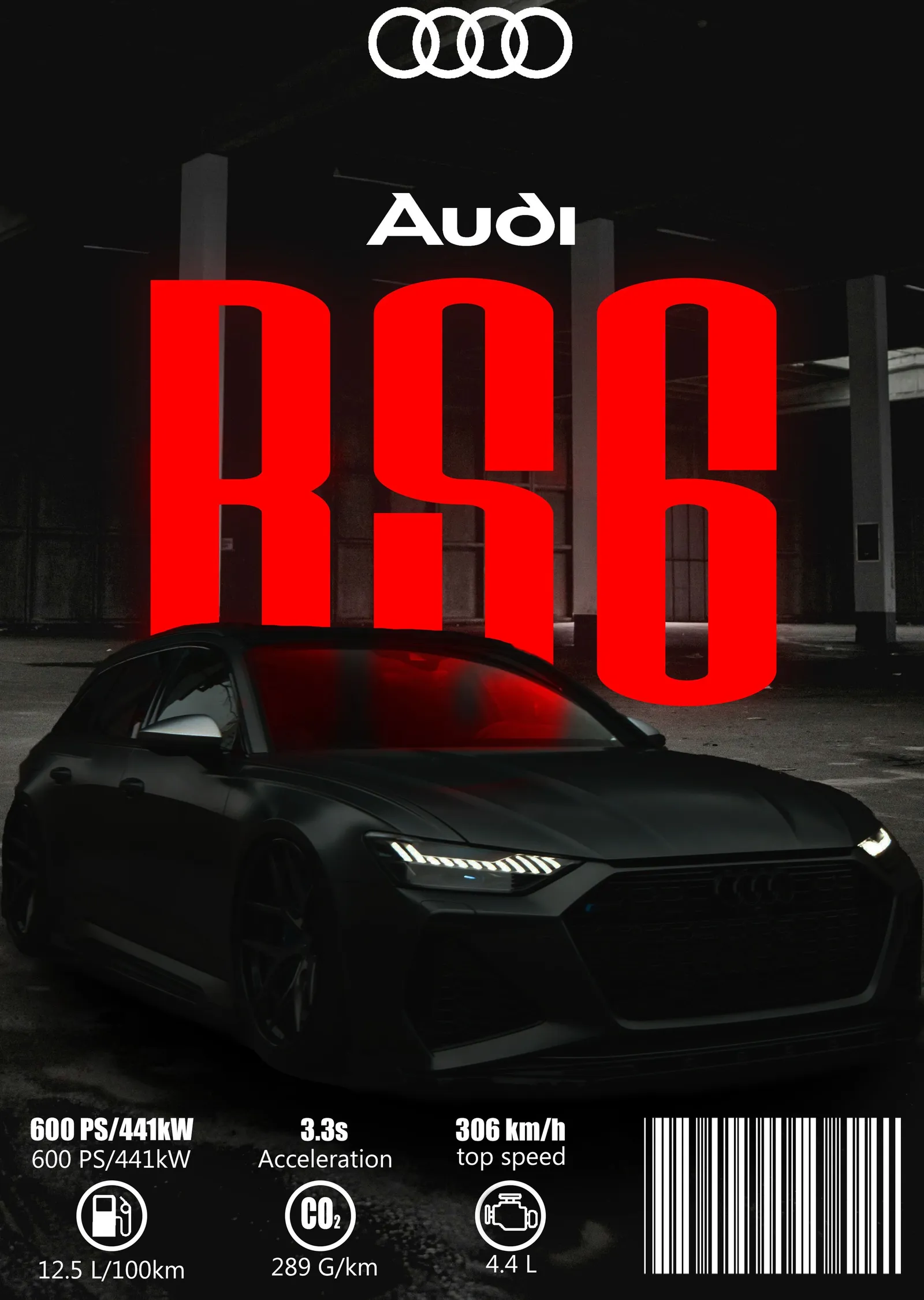 Audi RS6 Kırmızı Tipografi metal tablo