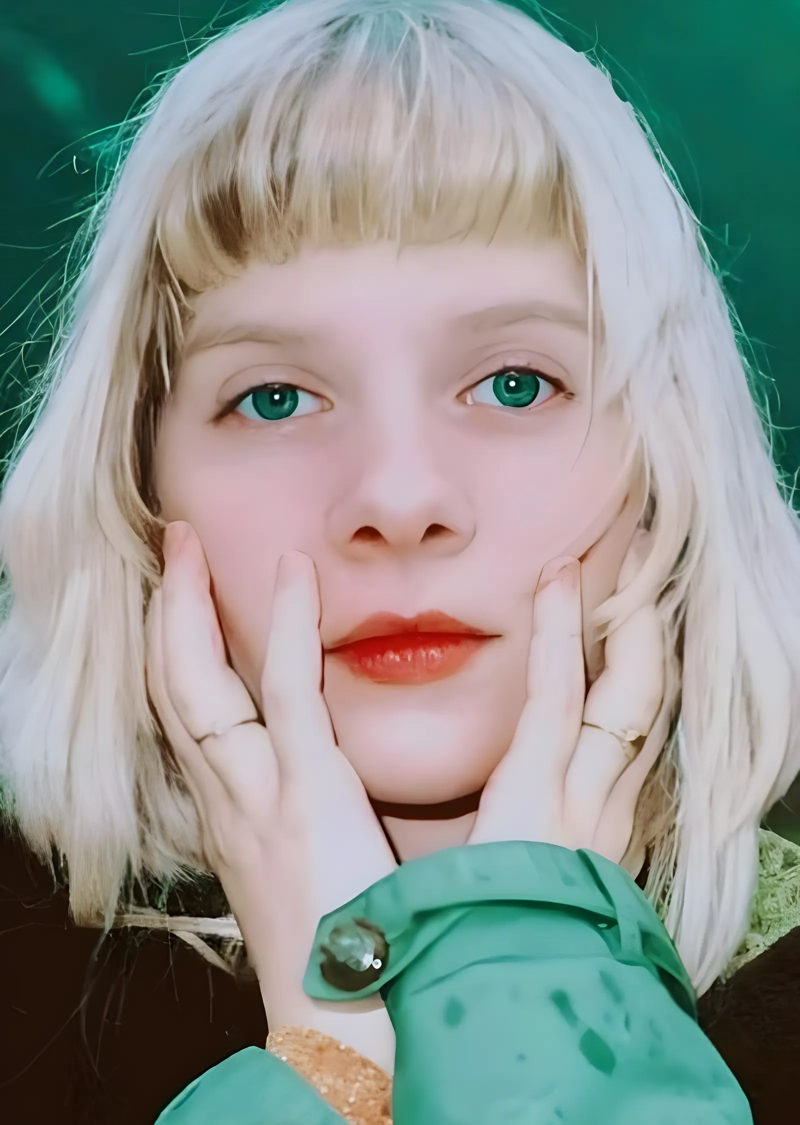 AURORA: Yeşil Zeminde Yakın Portre metal tablo