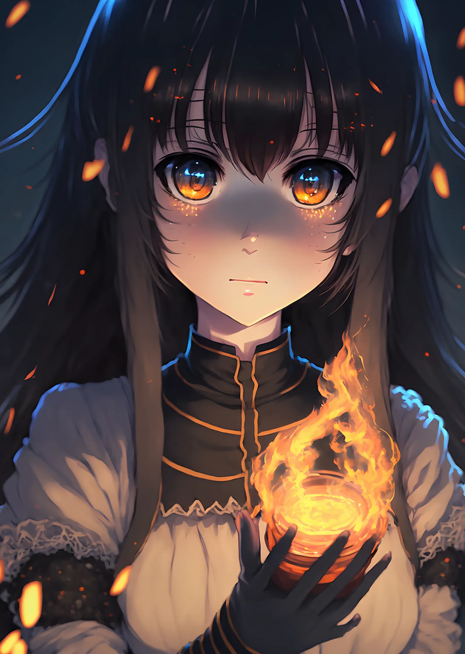 Avucunda Ateş Taşıyan Anime Kız metal tablo