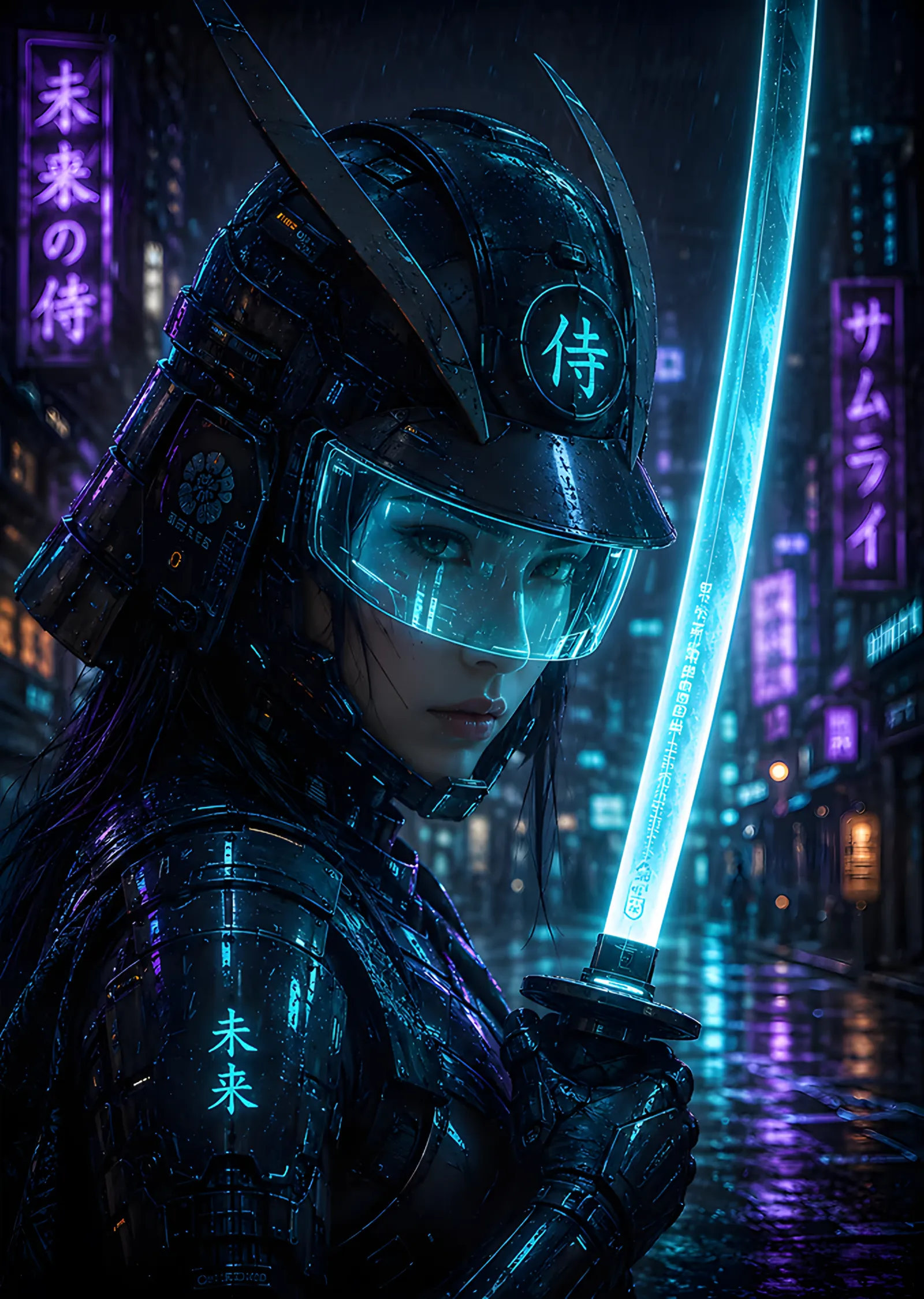 Azure Ronin: Neon Şehirde Mavi Kılıç metal tablo