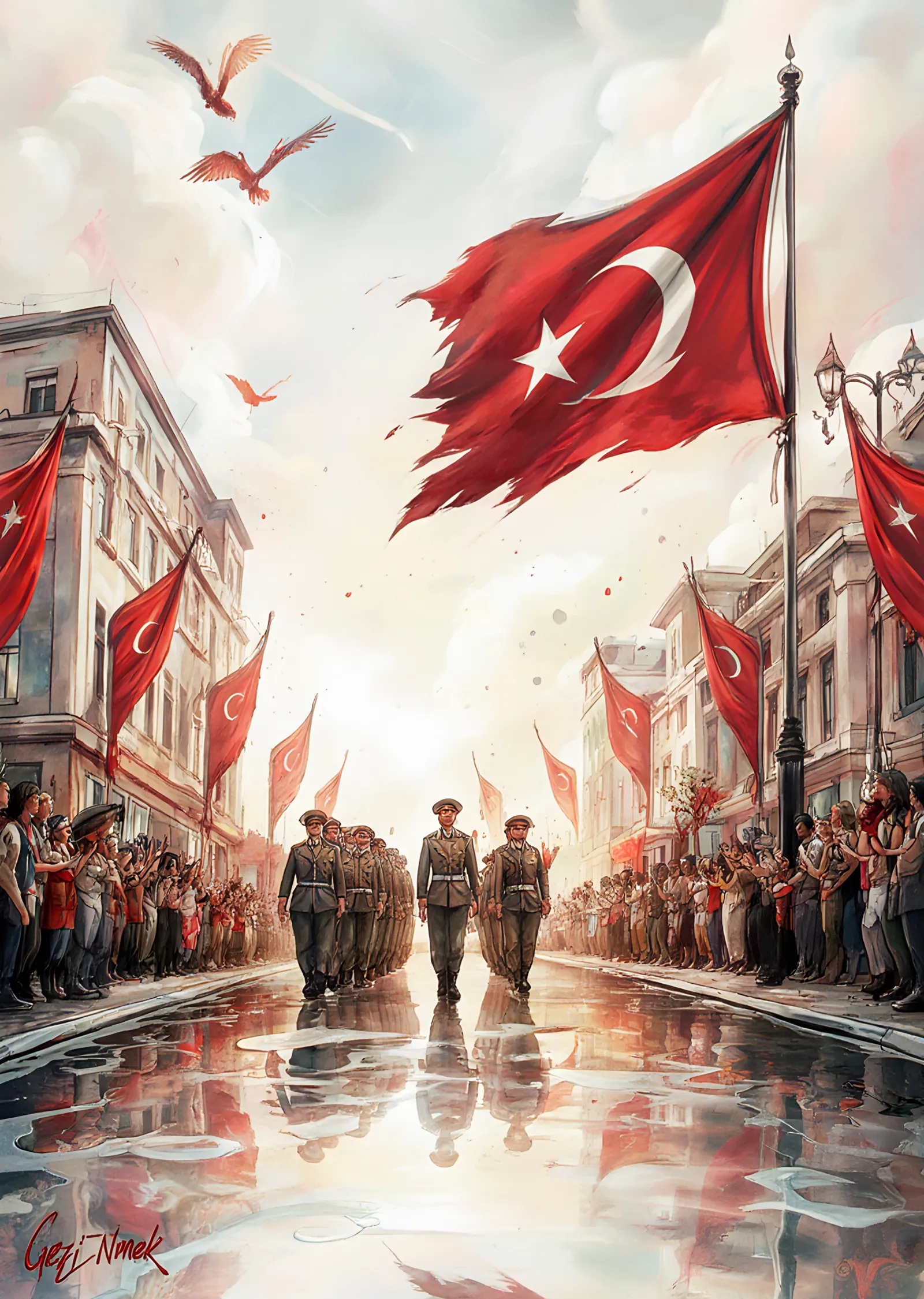 Bayraklı Caddede Tören Yürüyüşü metal tablo