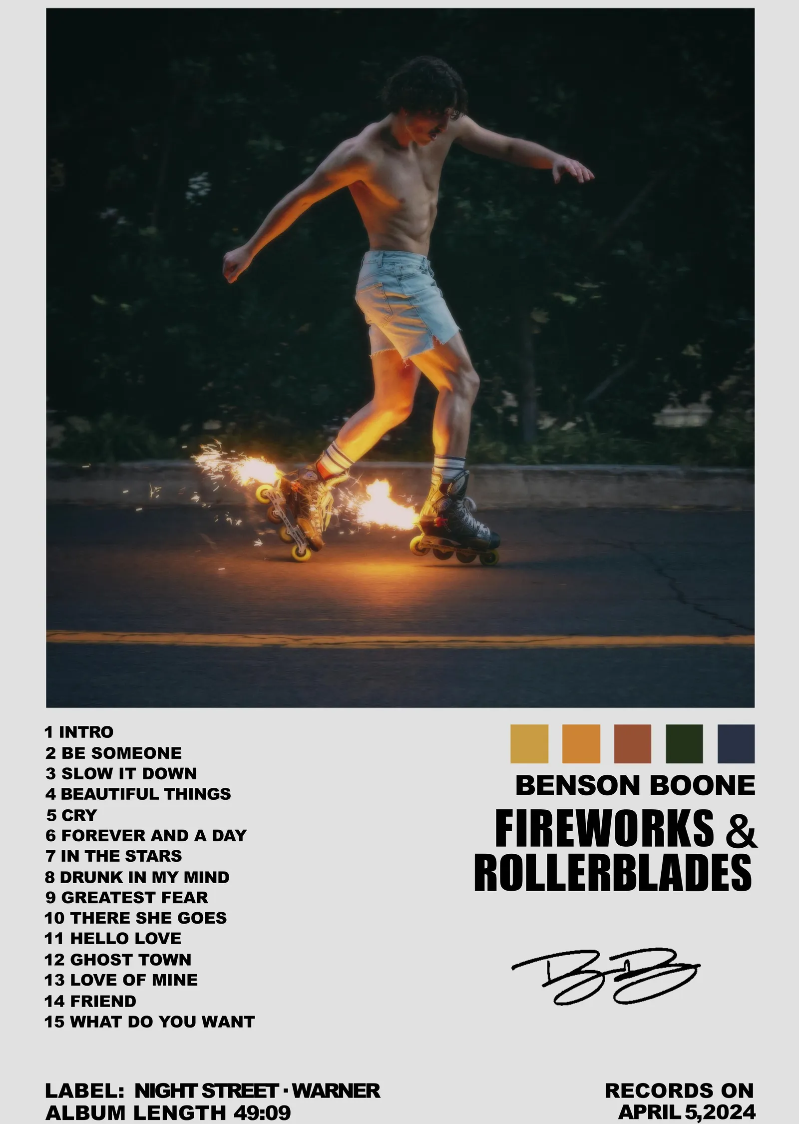 Benson Boone: Fireworks & Rollerblades Şarkı Listesi metal tablo