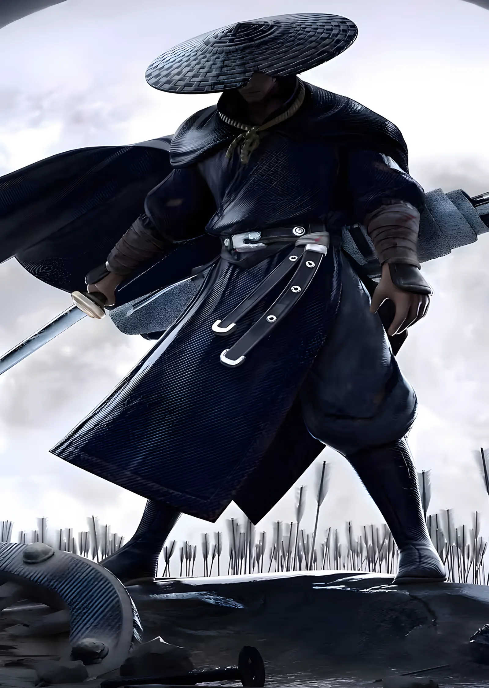 Beyaz Zeminde Hasır Şapkalı Ronin metal tablo