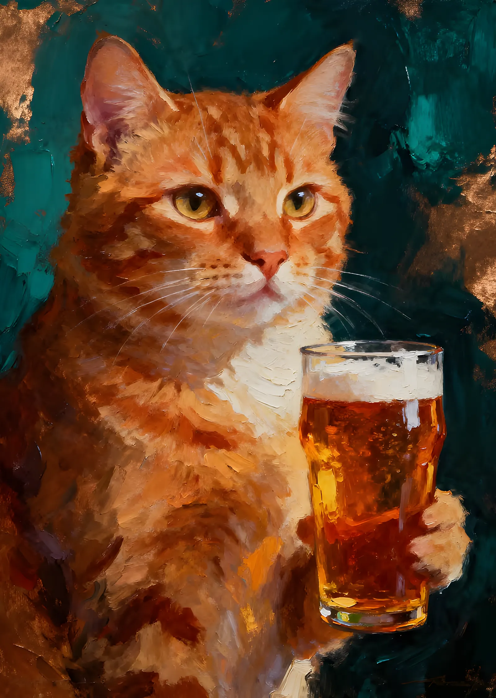 Bira Bardaklı Sarı Kedi metal tablo