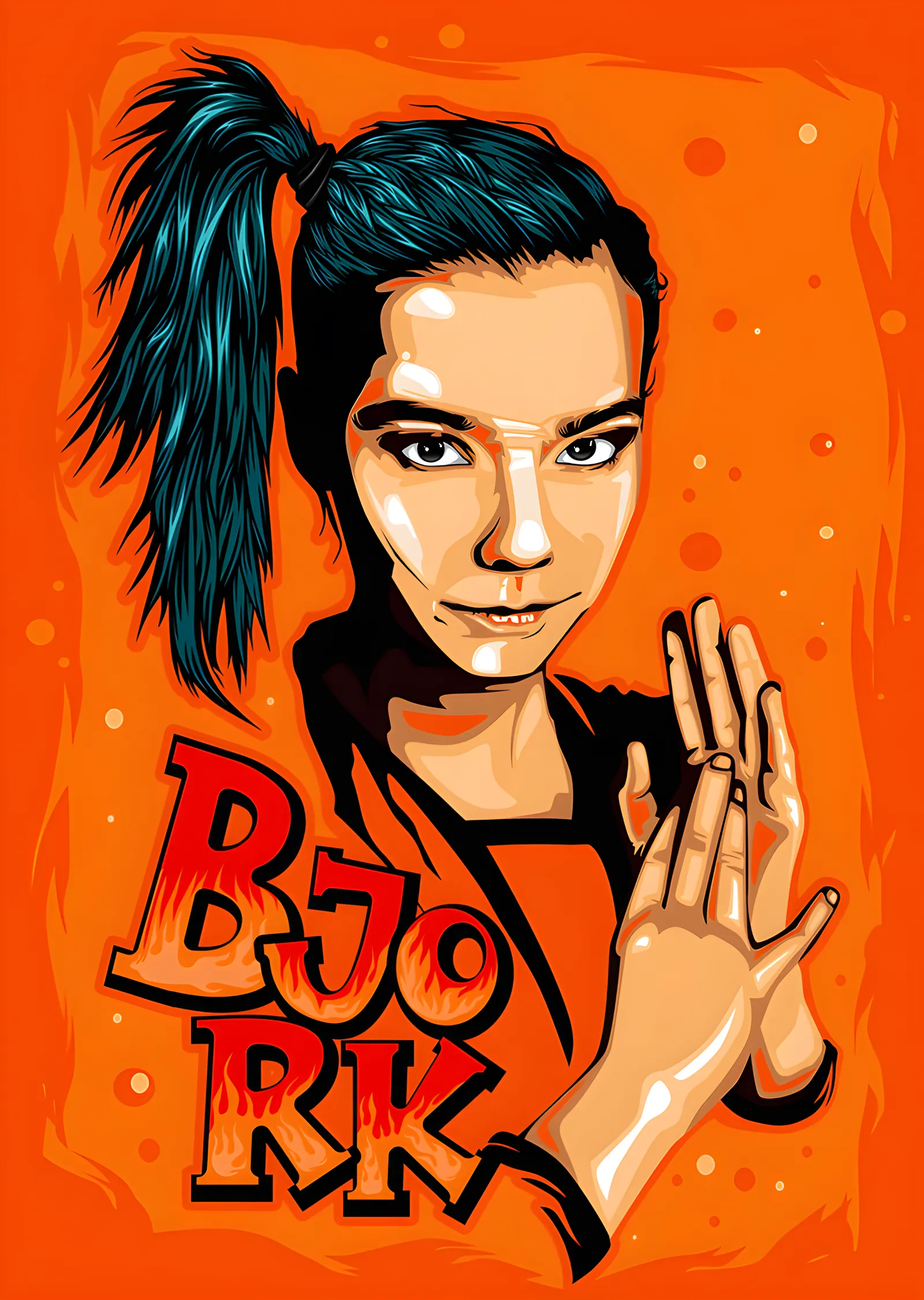 Björk: Turuncu Zeminde Çizgi Portre metal tablo