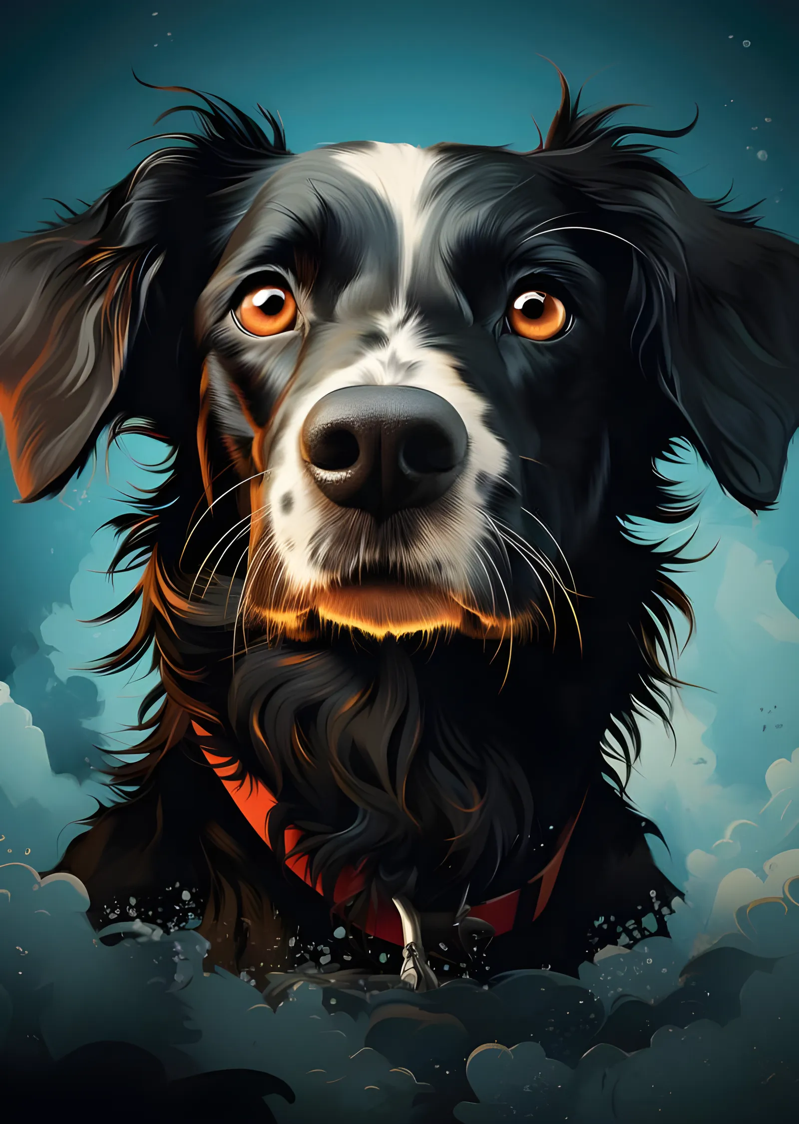 Kızıl Tasmalı Siyah Beyaz Köpek Portresi metal tablo
