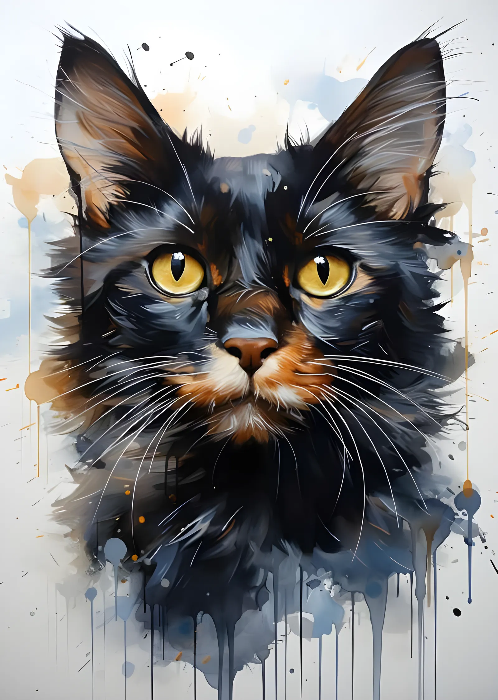 Suluboya Siyah Kedi - Damlayan Boya Portresi metal tablo
