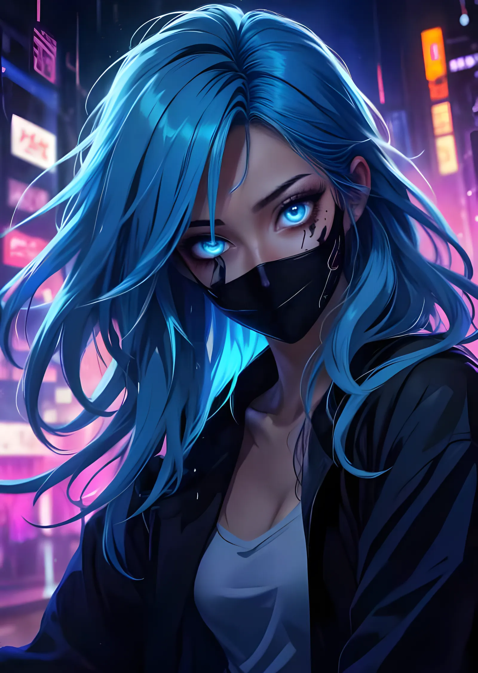 Siberpunk Anime Kız - Mavi Saç ve Neon Sokak metal tablo