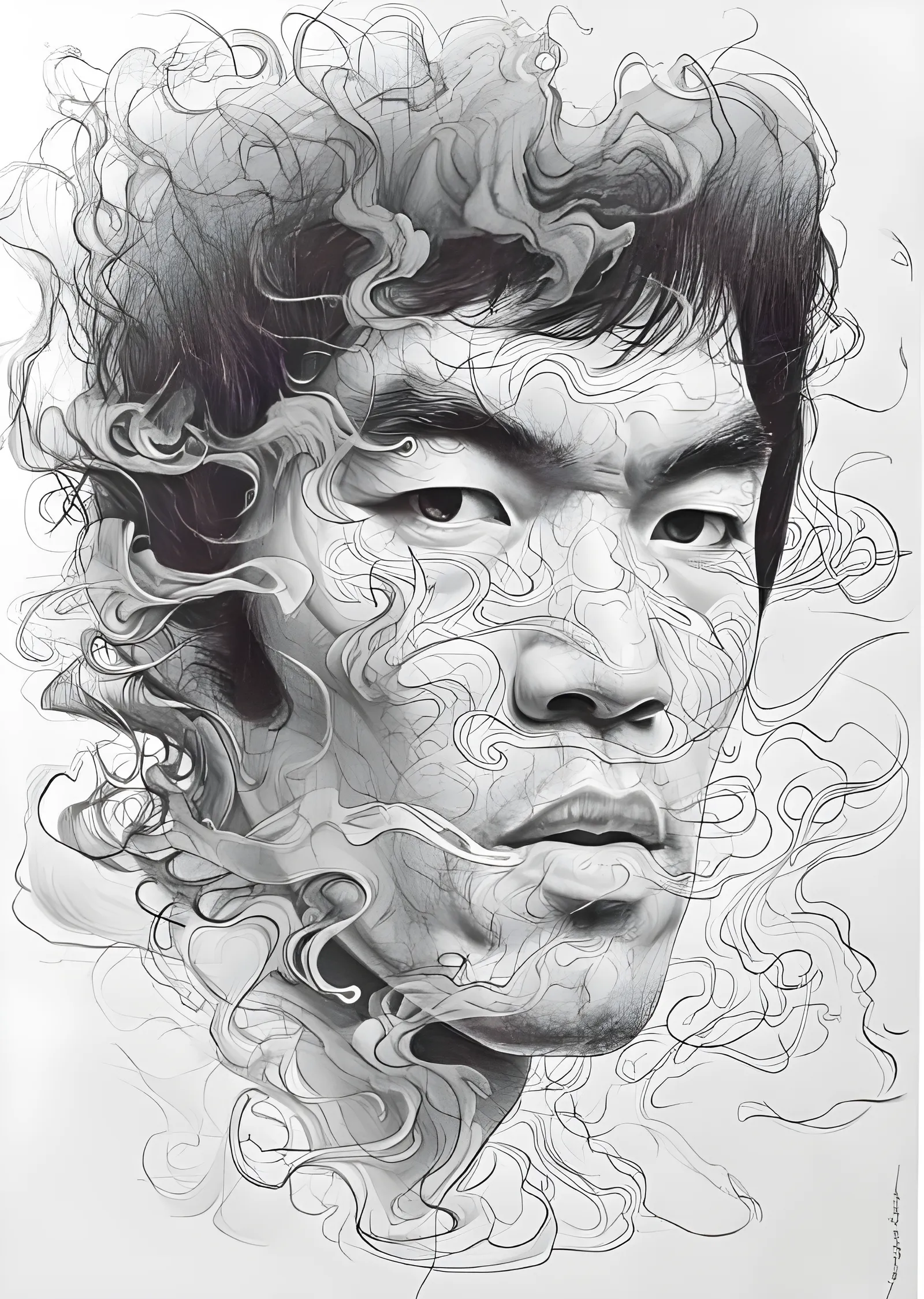 Bruce Lee - Kıvrımlı Kurşun Kalem Çizgileri metal tablo