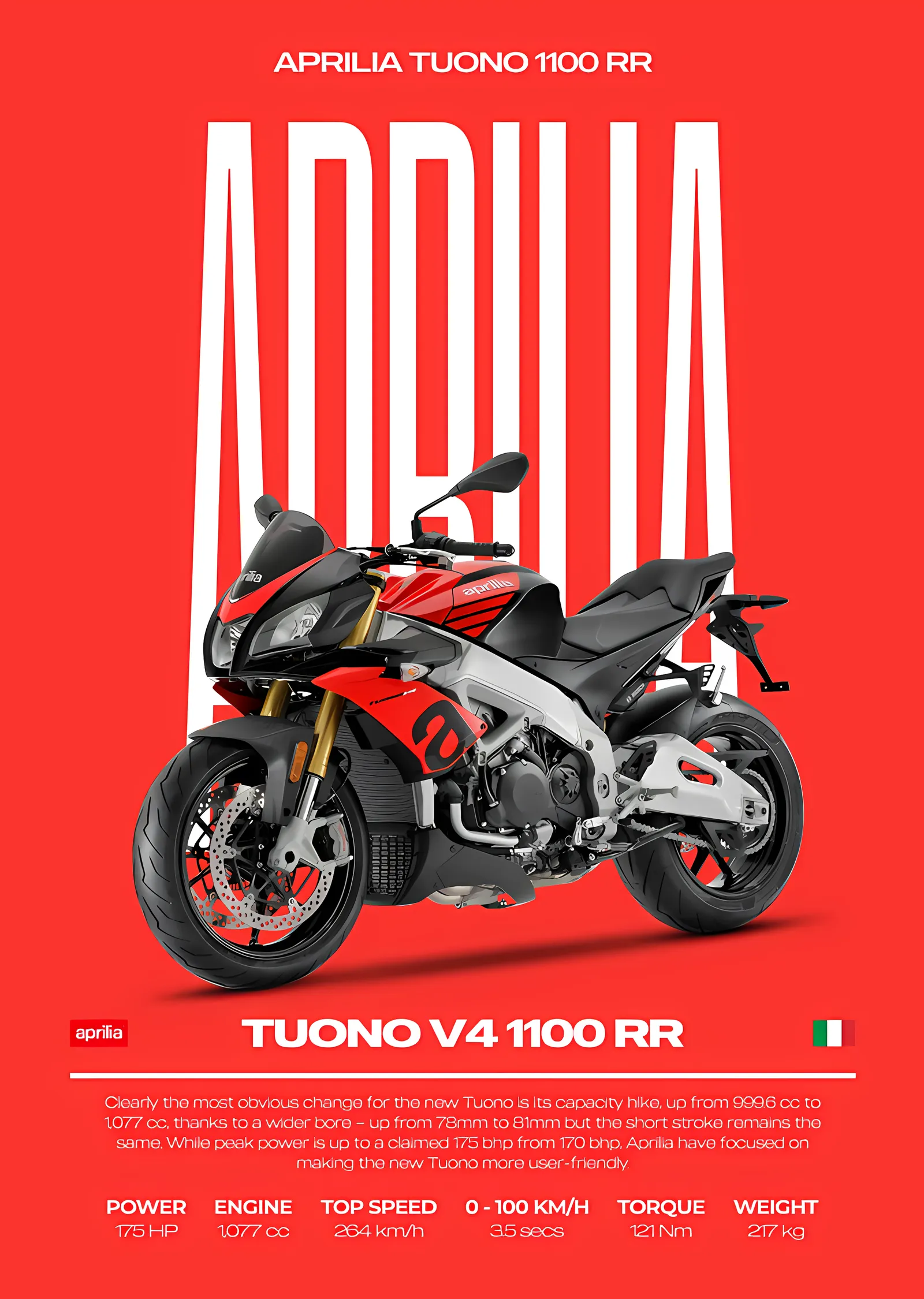 Aprilia Tuono V4 1100 RR - Kırmızı Zemin metal tablo