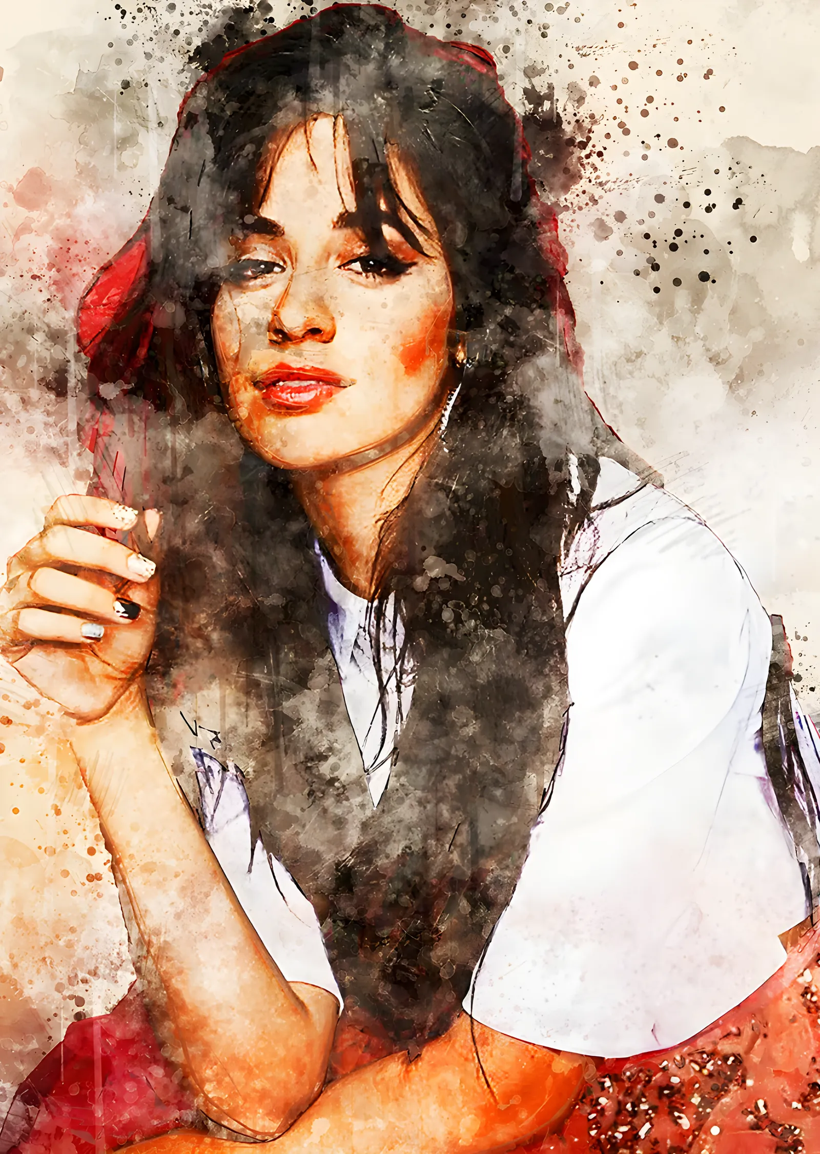 Camila Cabello: Kızıl Suluboya Lekeleri metal tablo
