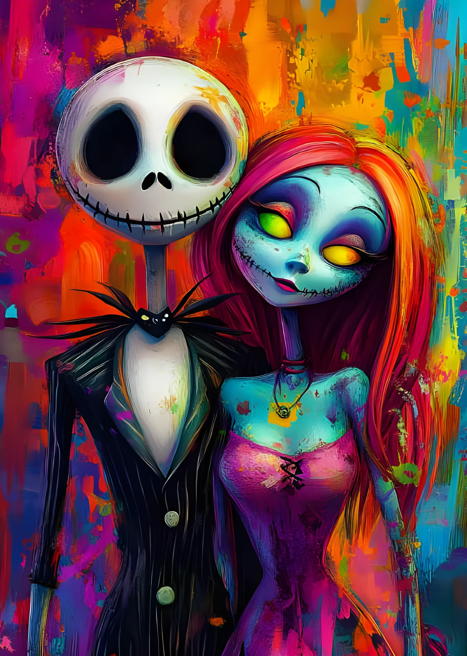 Jack Skellington ve Sally - Renkli Yorum metal tablo