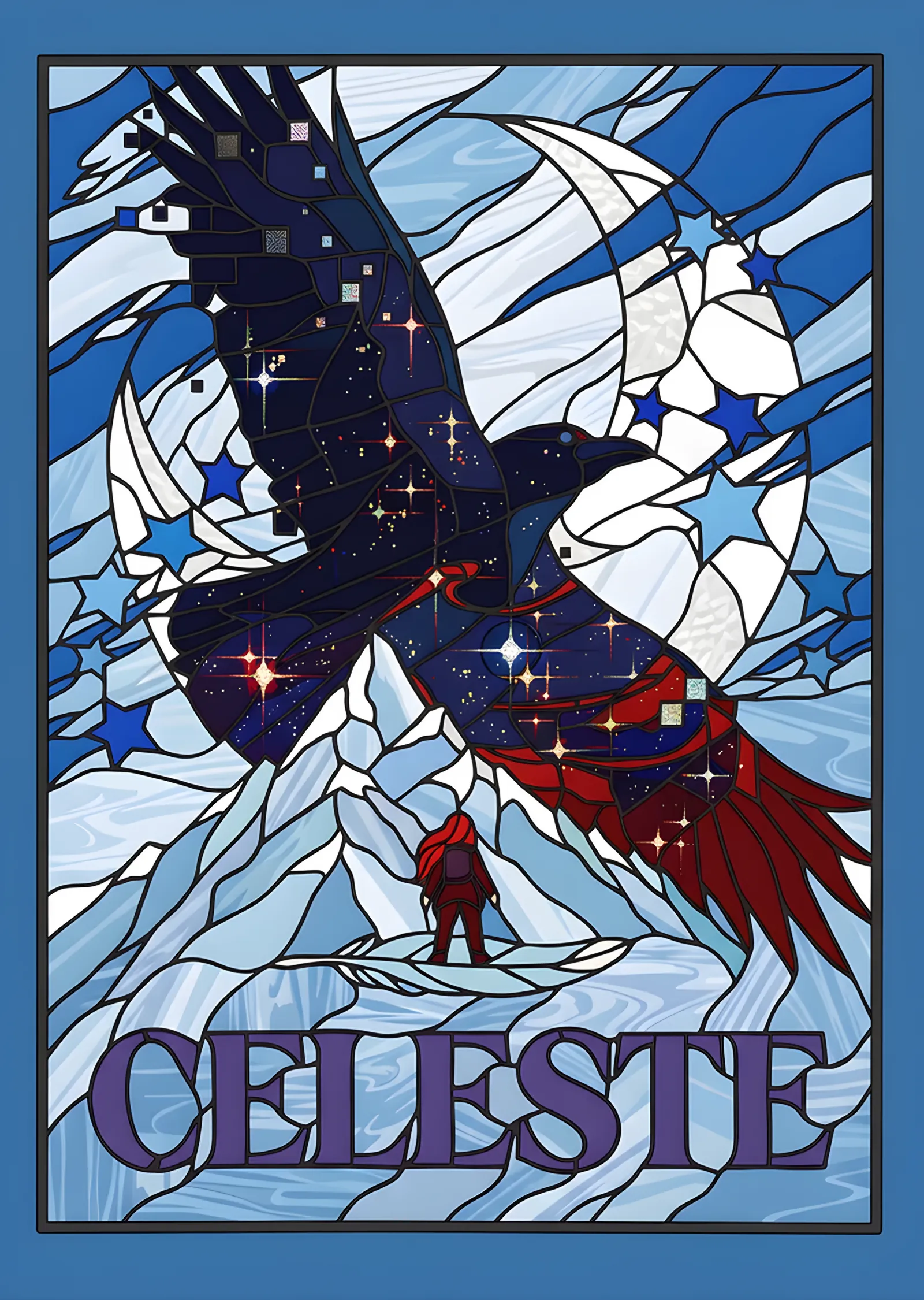Celeste: Mavi Vitrayda Kuş ve Tırmanıcı metal tablo