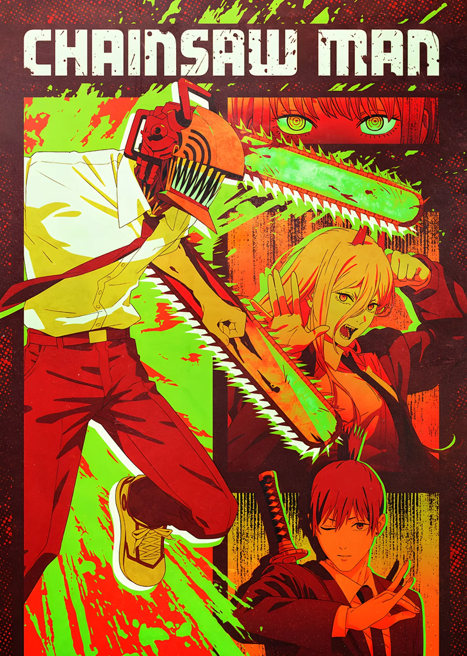 Chainsaw Man: Sarı Yeşil Zeminde Testereli Denji metal tablo