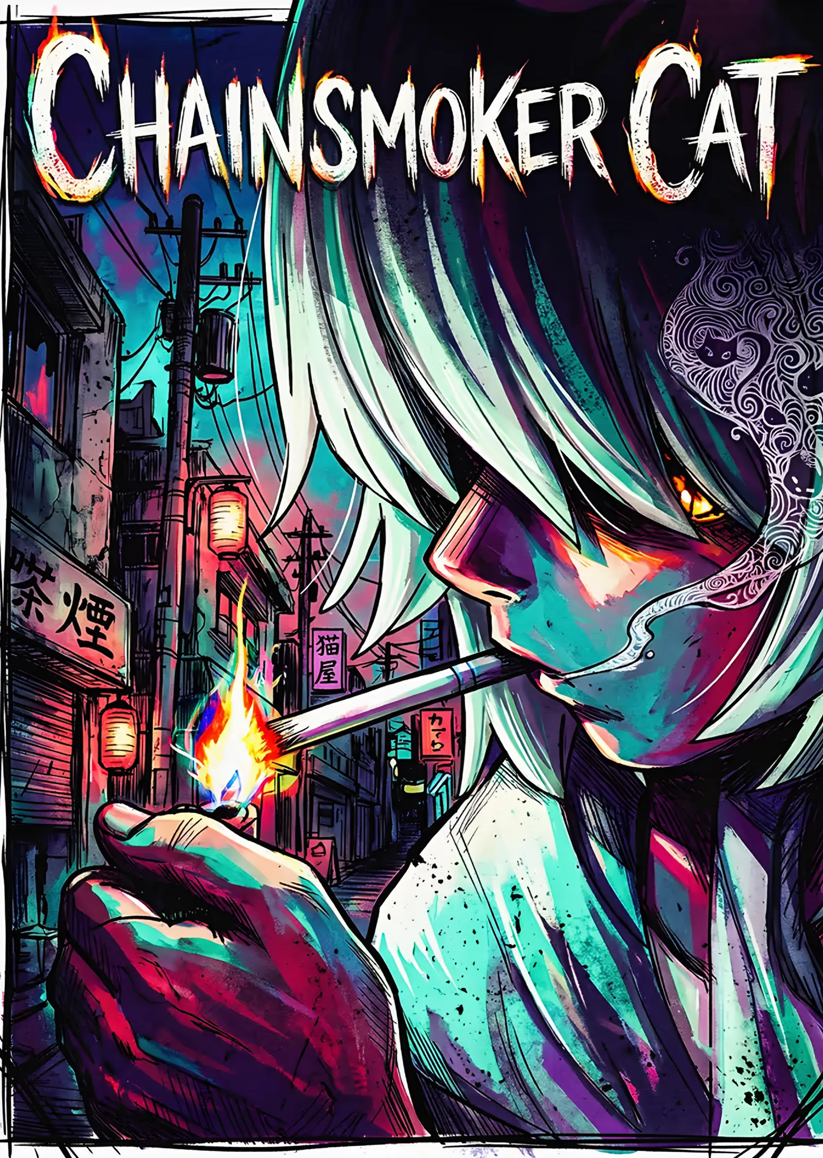 Chainsmoker Cat: Neon Sokakta Alev metal tablo