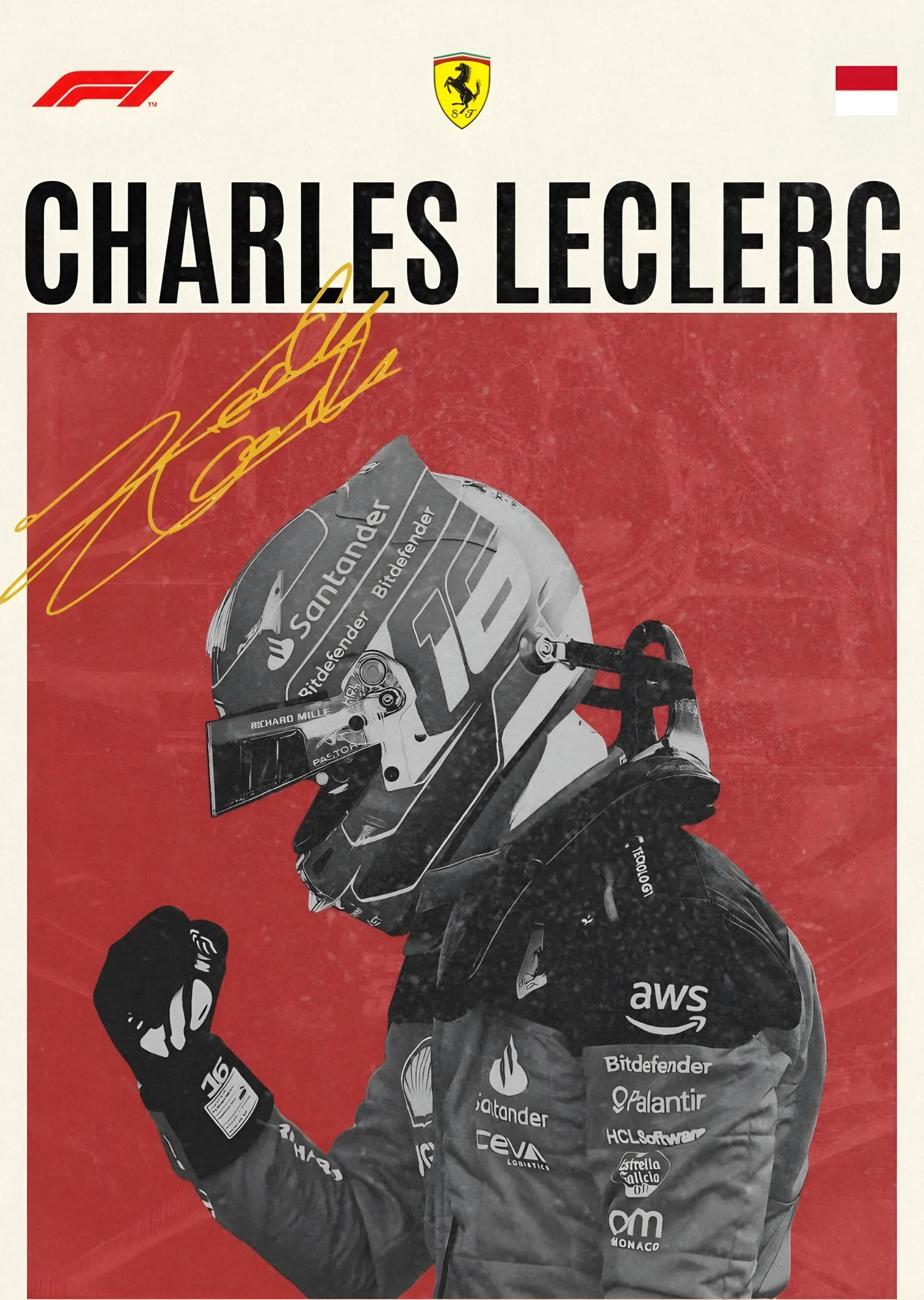 Charles Leclerc - Siyah Beyaz Portre metal tablo