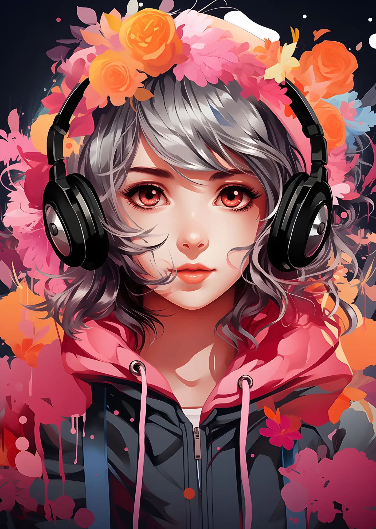 Çiçek Taçlı Kulaklıklı Anime Kız metal tablo