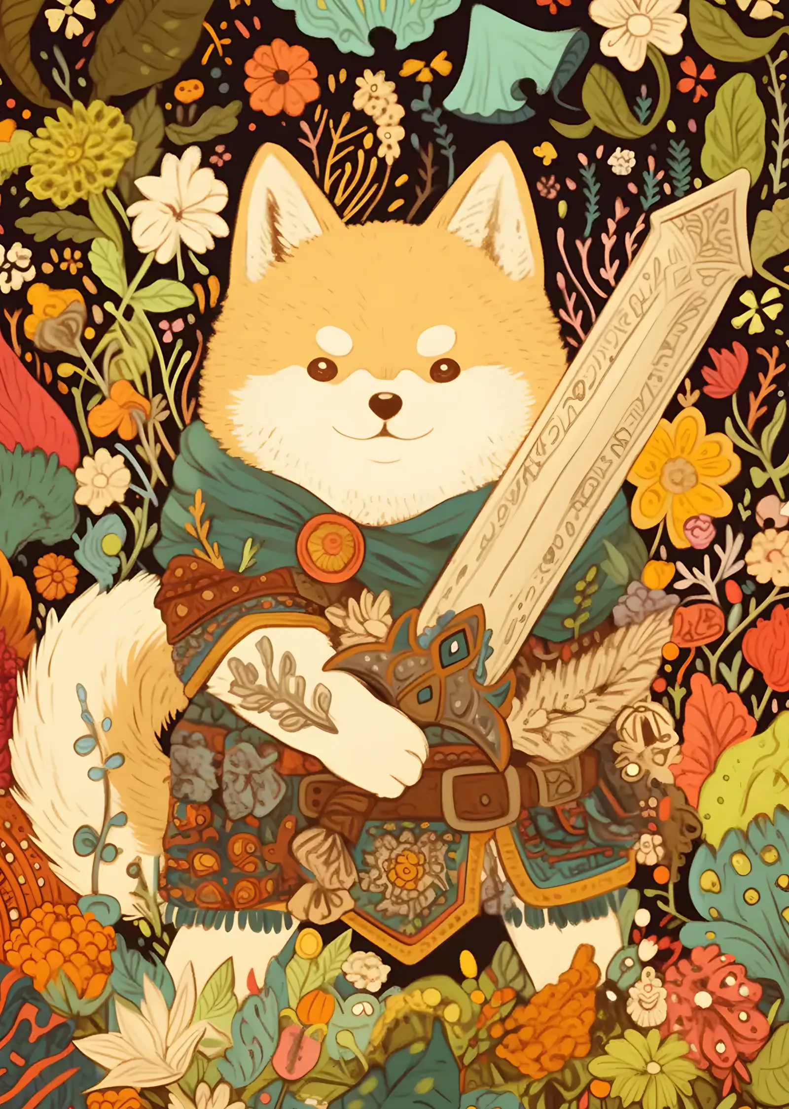 Çiçekler Arasında Kılıçlı Shiba Inu metal tablo
