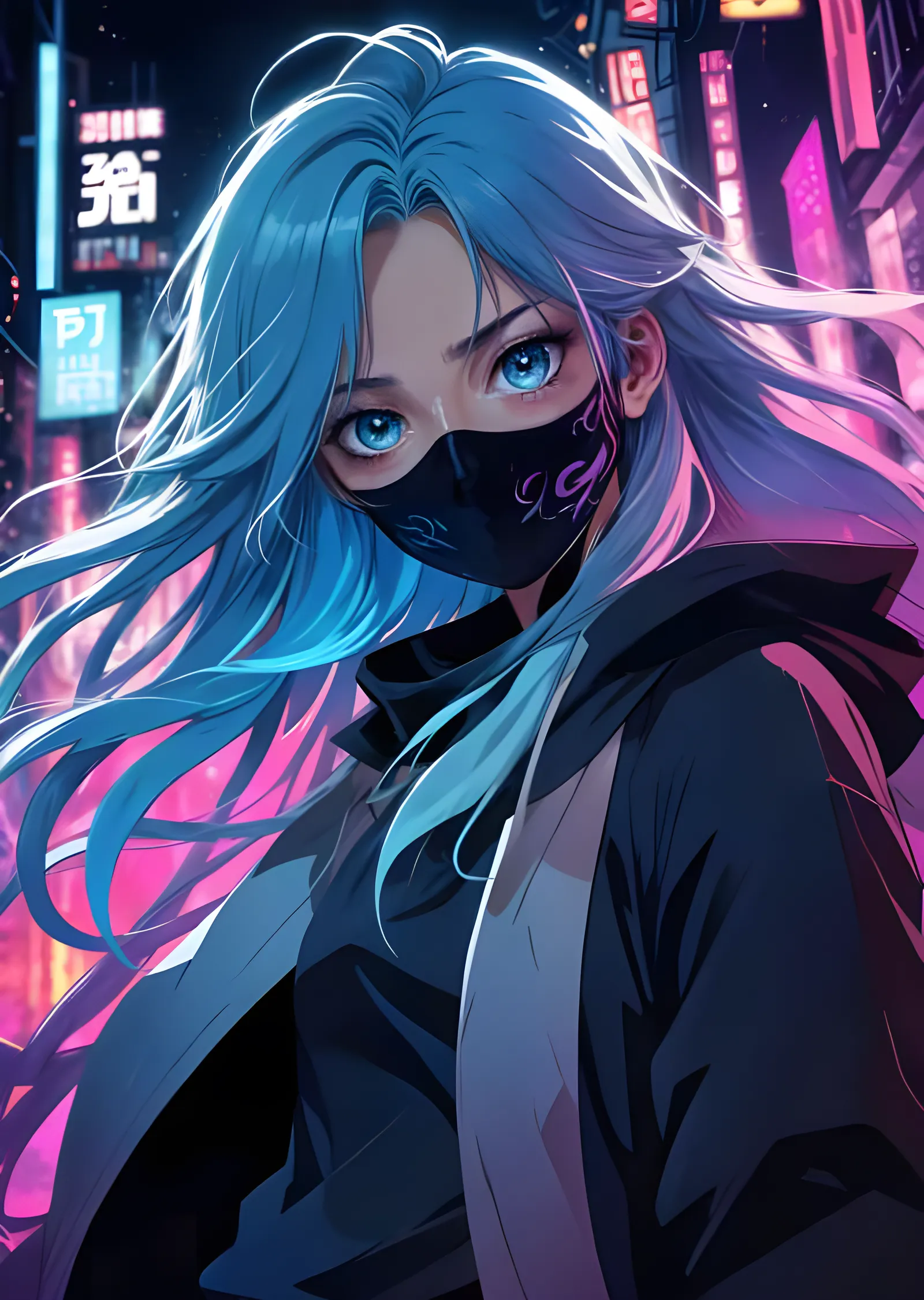 Neon Şehirde Maskeli Cyberpunk Anime Kızı metal tablo