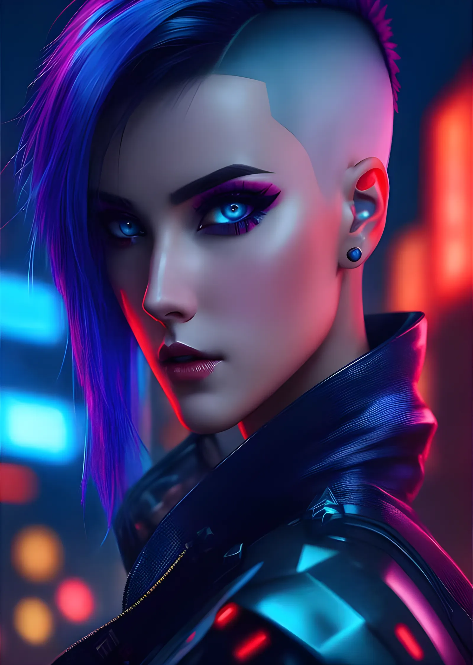Neon Kaos - Mor Saçlı Cyberpunk Portre metal tablo