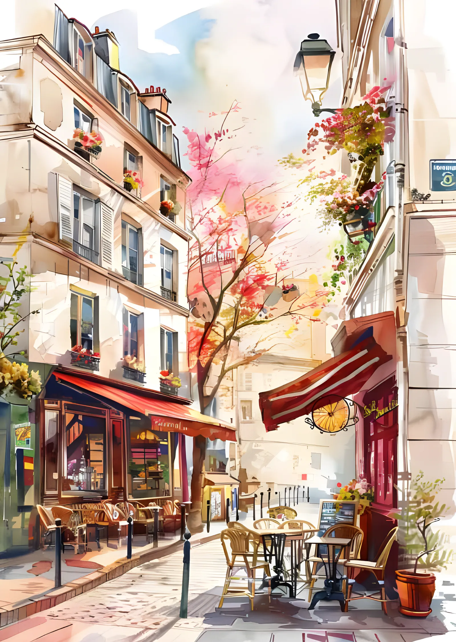 Paris Kafe Sokağı - Suluboya Bahar metal tablo