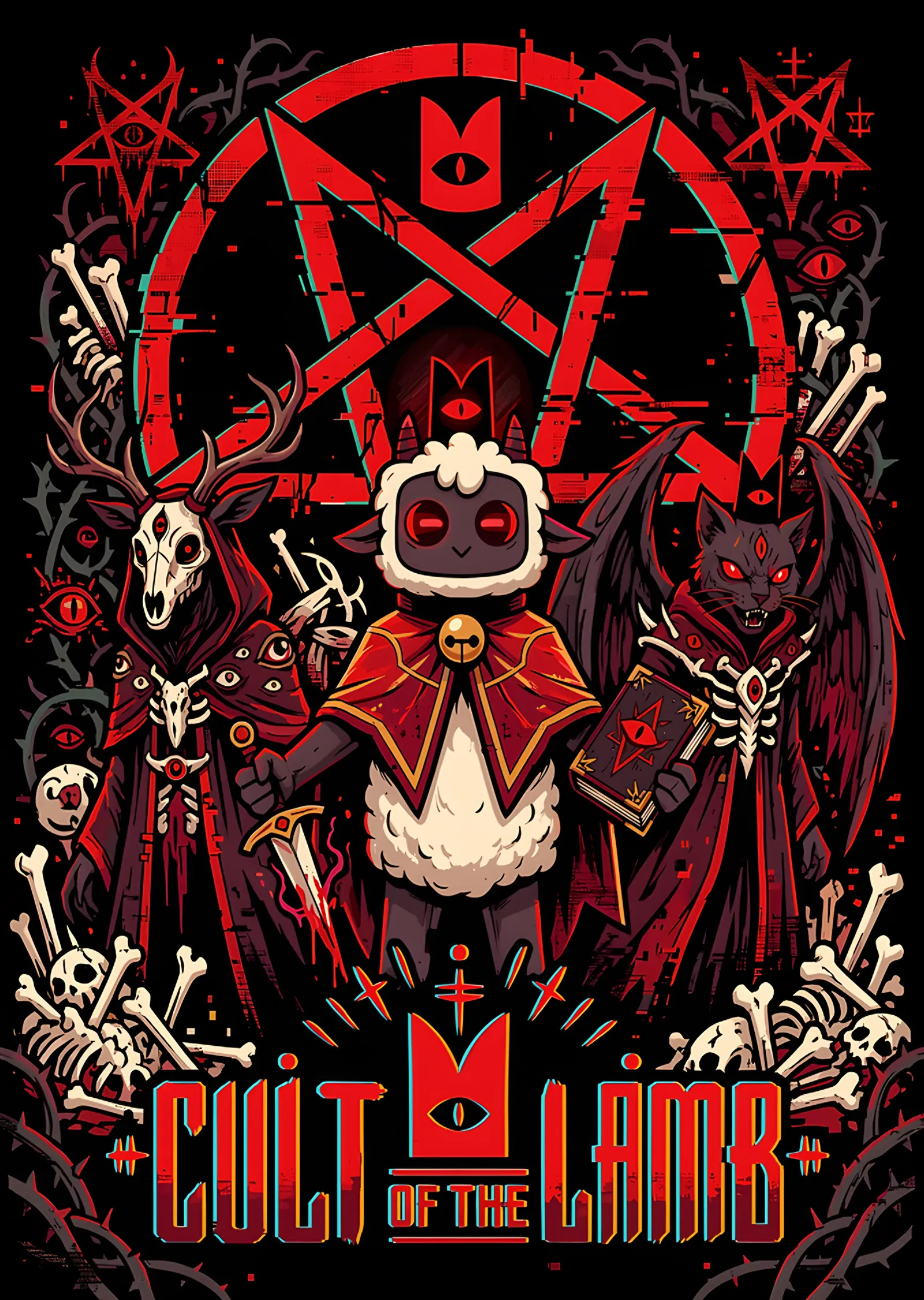 Cult of the Lamb: Pentagramda Taçlı Kuzu metal tablo