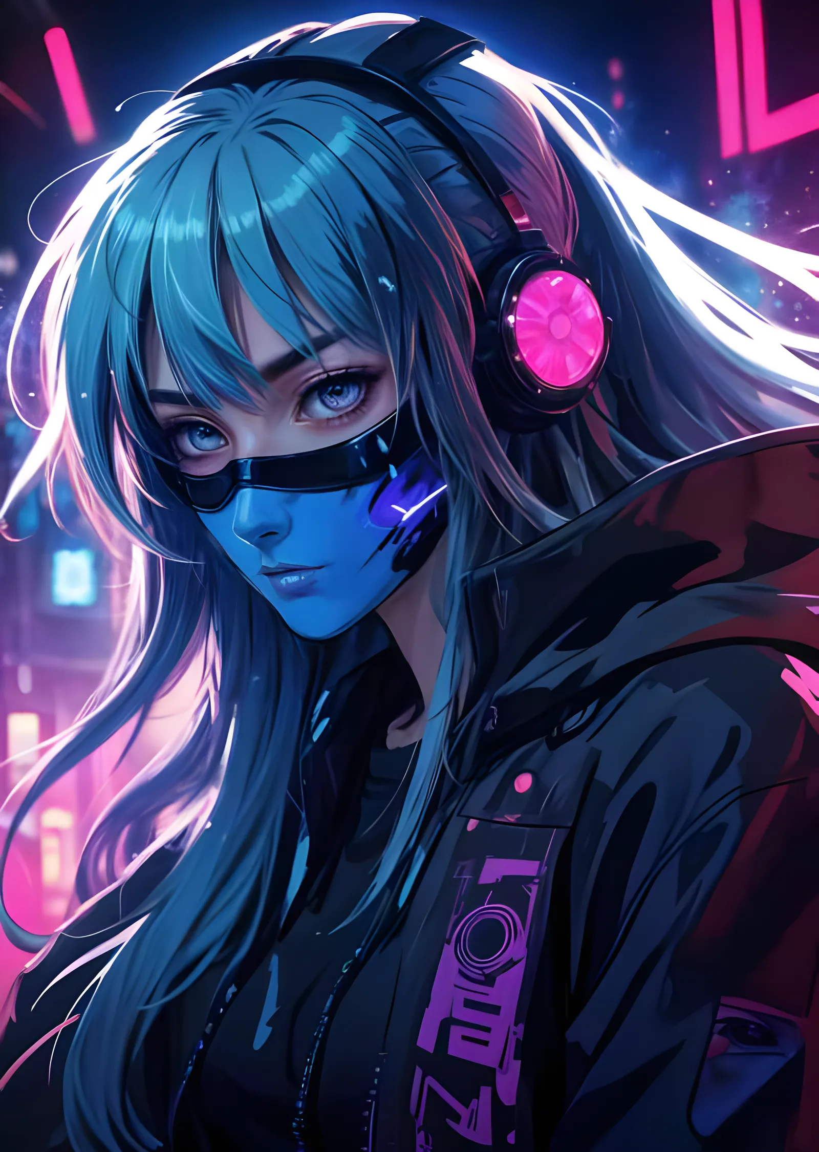 Siberpunk Anime Kız - Neon Kulaklık Modu metal tablo