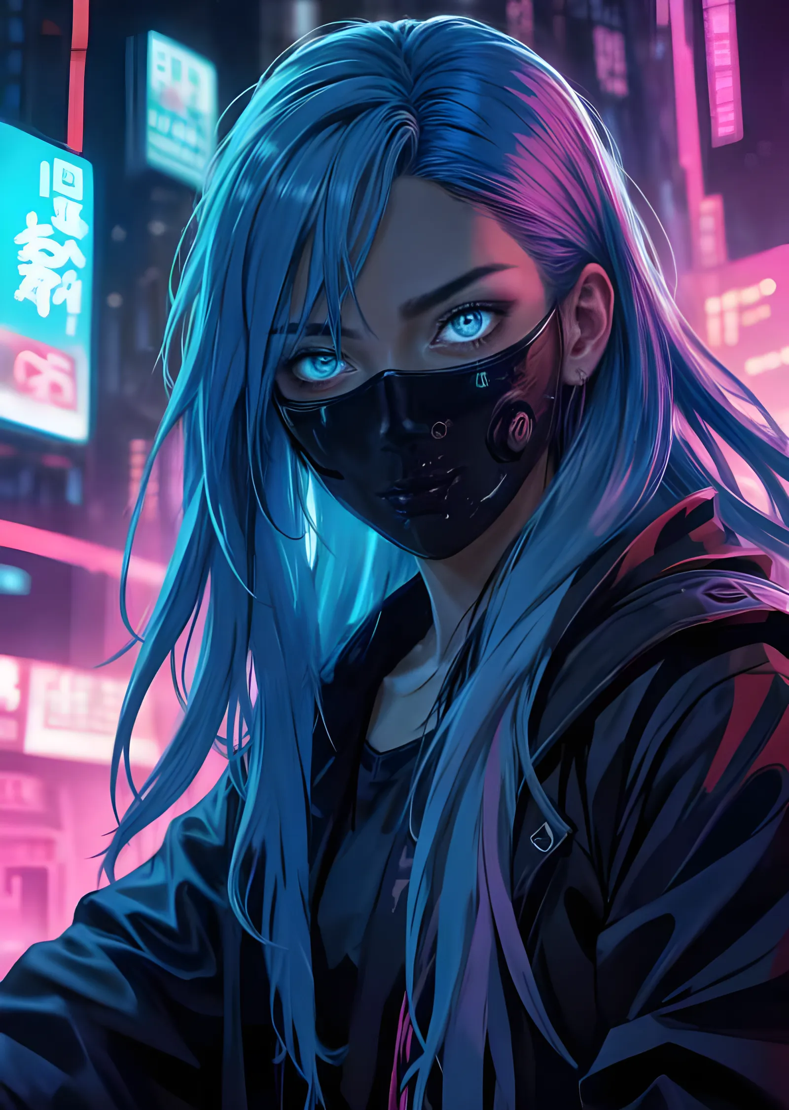 Mavi Saçlı Siberpunk Anime Kız - Maskeli metal tablo