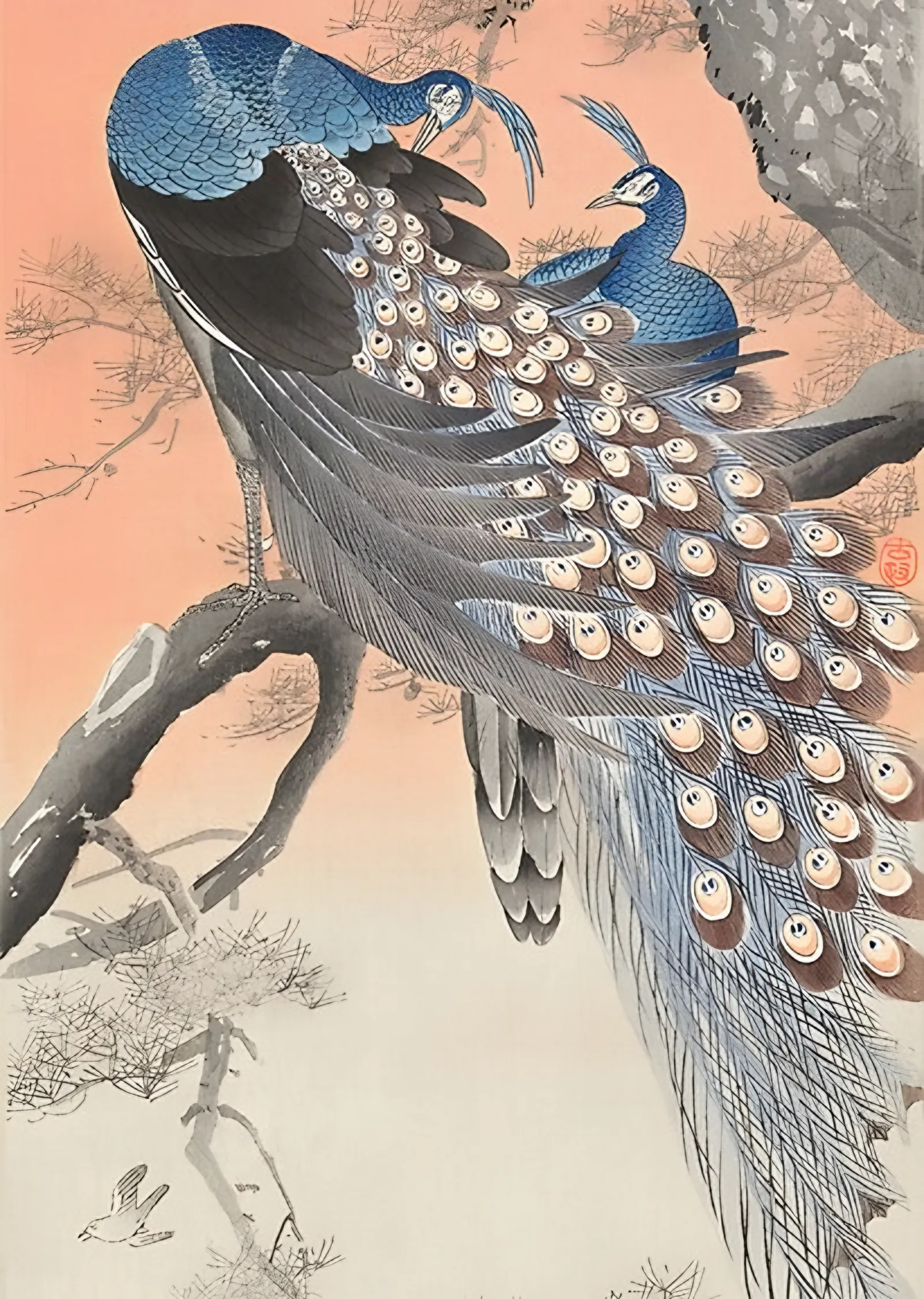 Dalda İki Tavuskuşu - Ohara Koson metal tablo