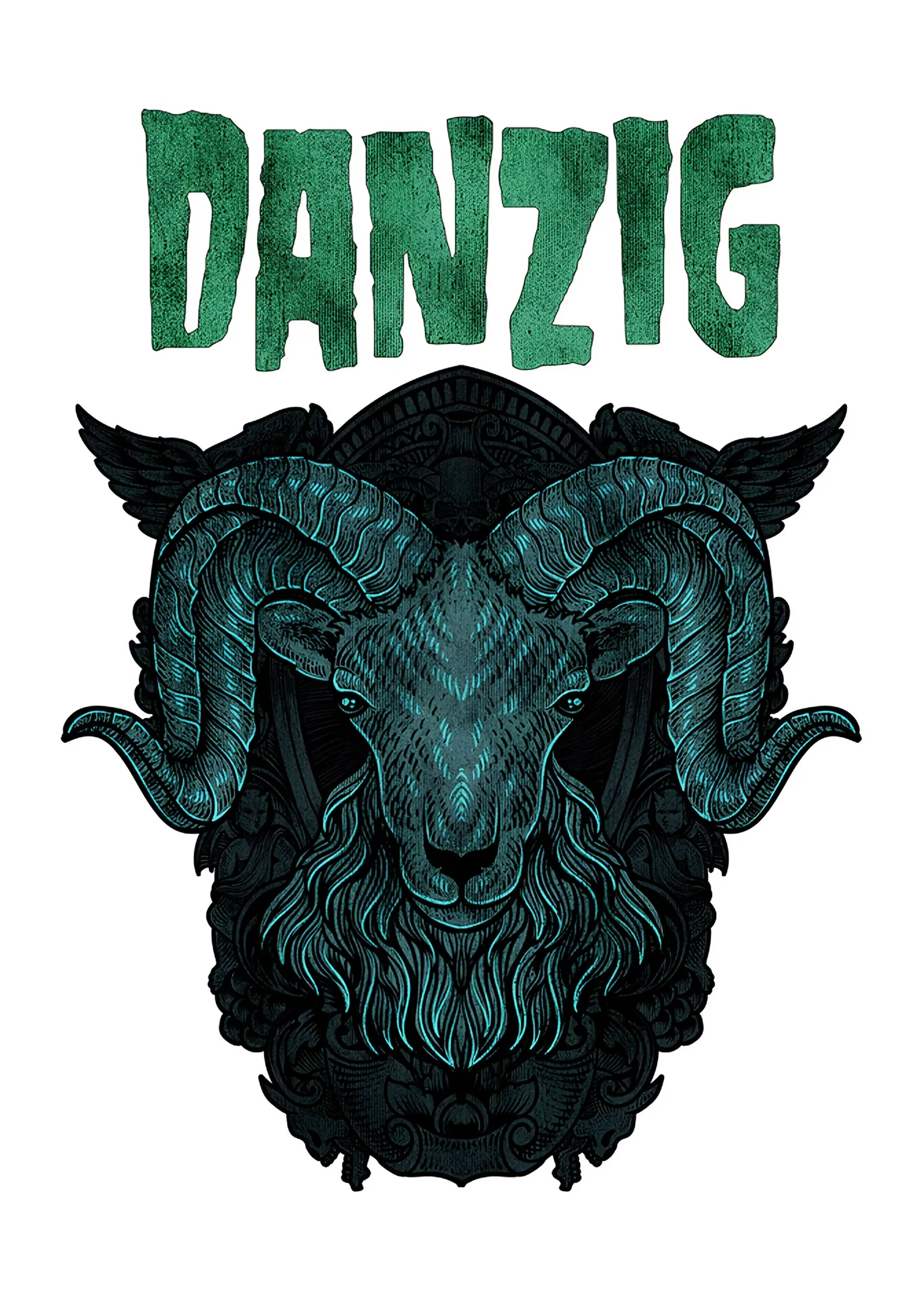 Danzig: Beyaz Zeminde Yeşil Koç Kafası metal tablo