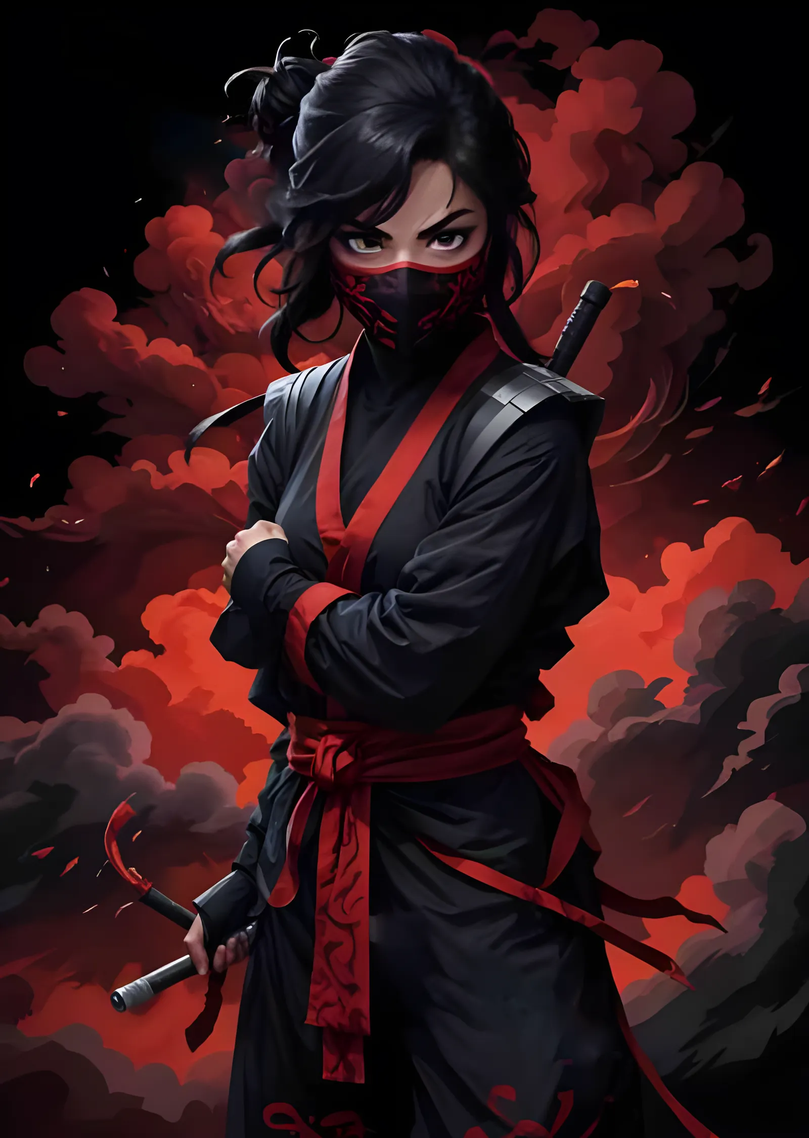 Kırmızı Dumanda Maskeli Kadın Ninja metal tablo
