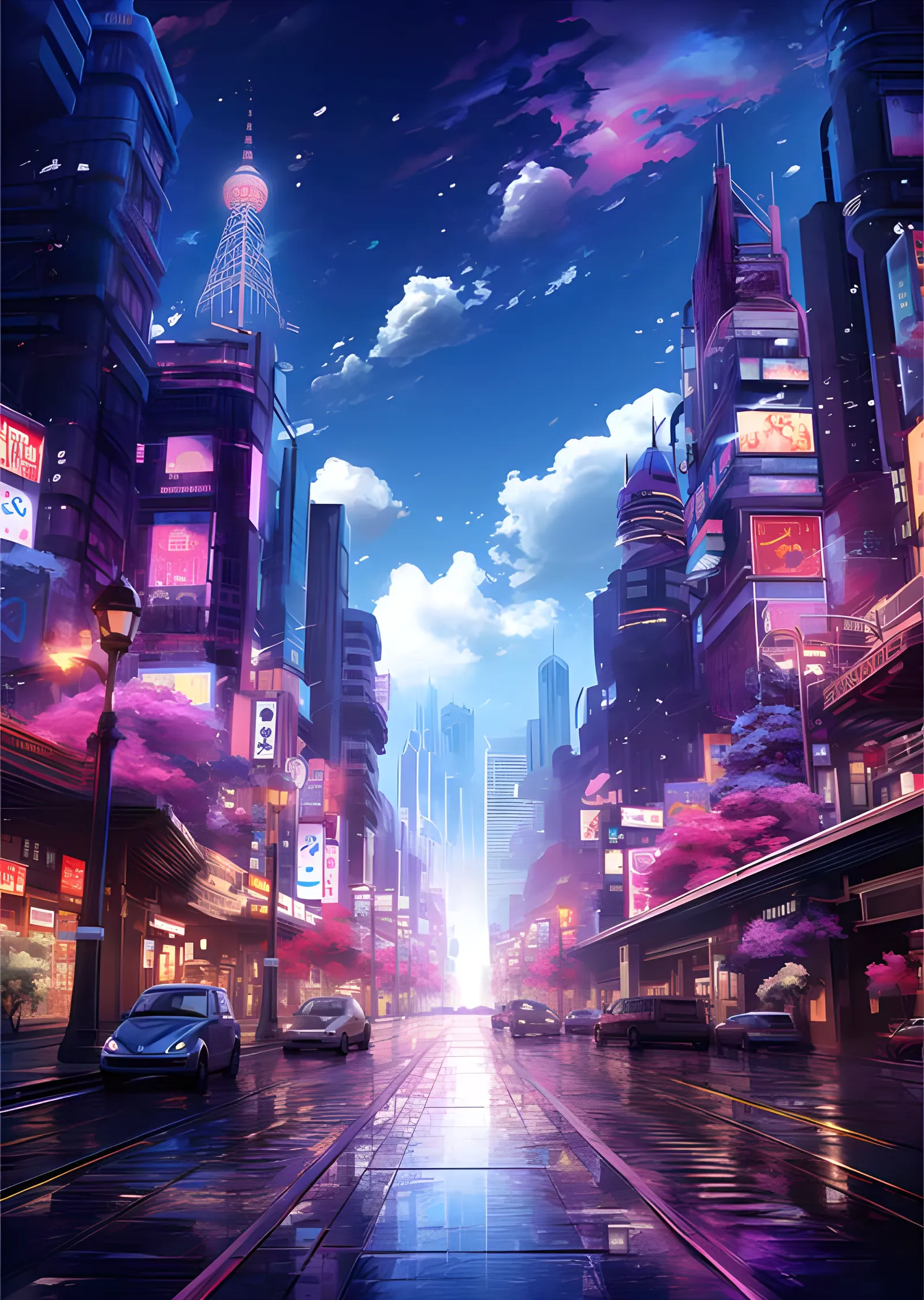 Neon Tokyo Caddesi - Pembe Ağaçlı Gökdelenler metal tablo