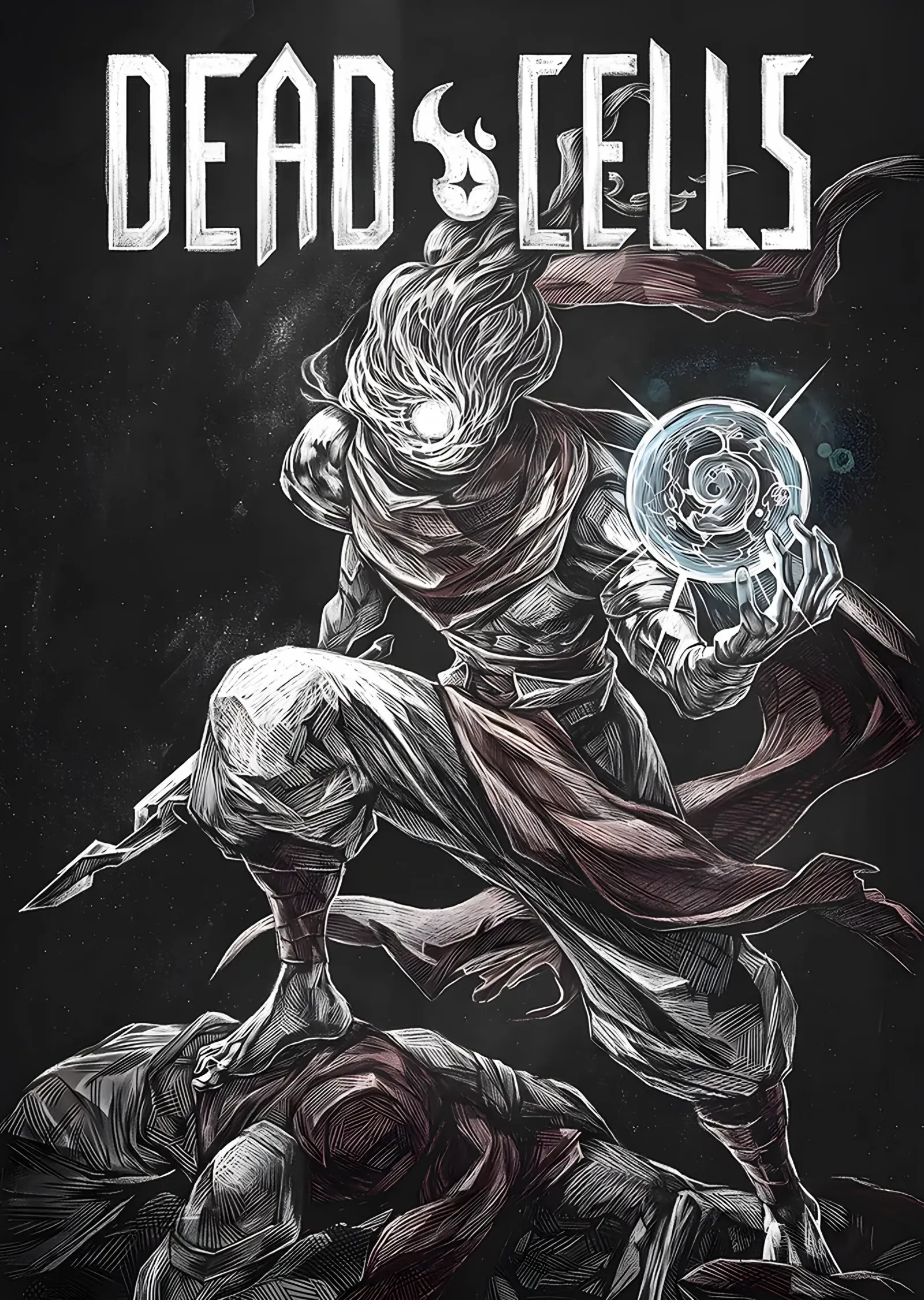 Dead Cells: Gri Zeminde Alev Başlı Savaşçı metal tablo