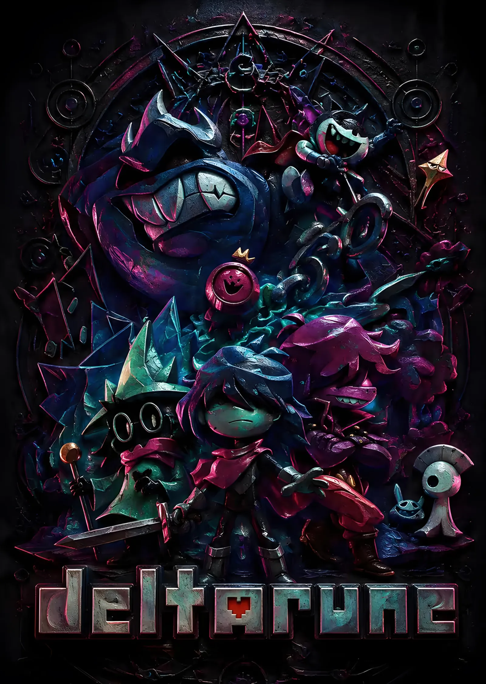Deltarune: Gotik Vitrayda Karakter Kalabalığı metal tablo